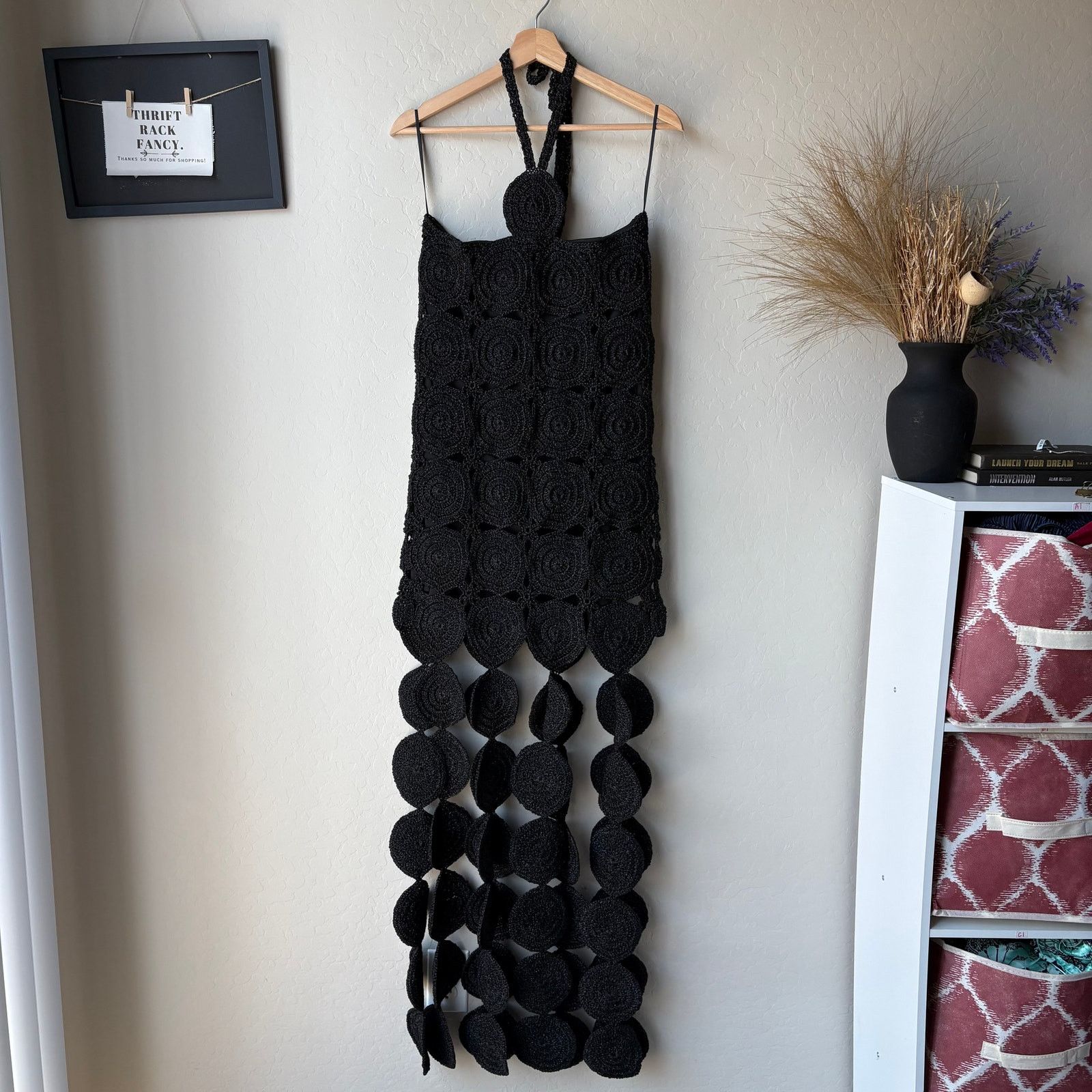 Simon Miller Dress Fringe Black Crochet Halter Dress Size M