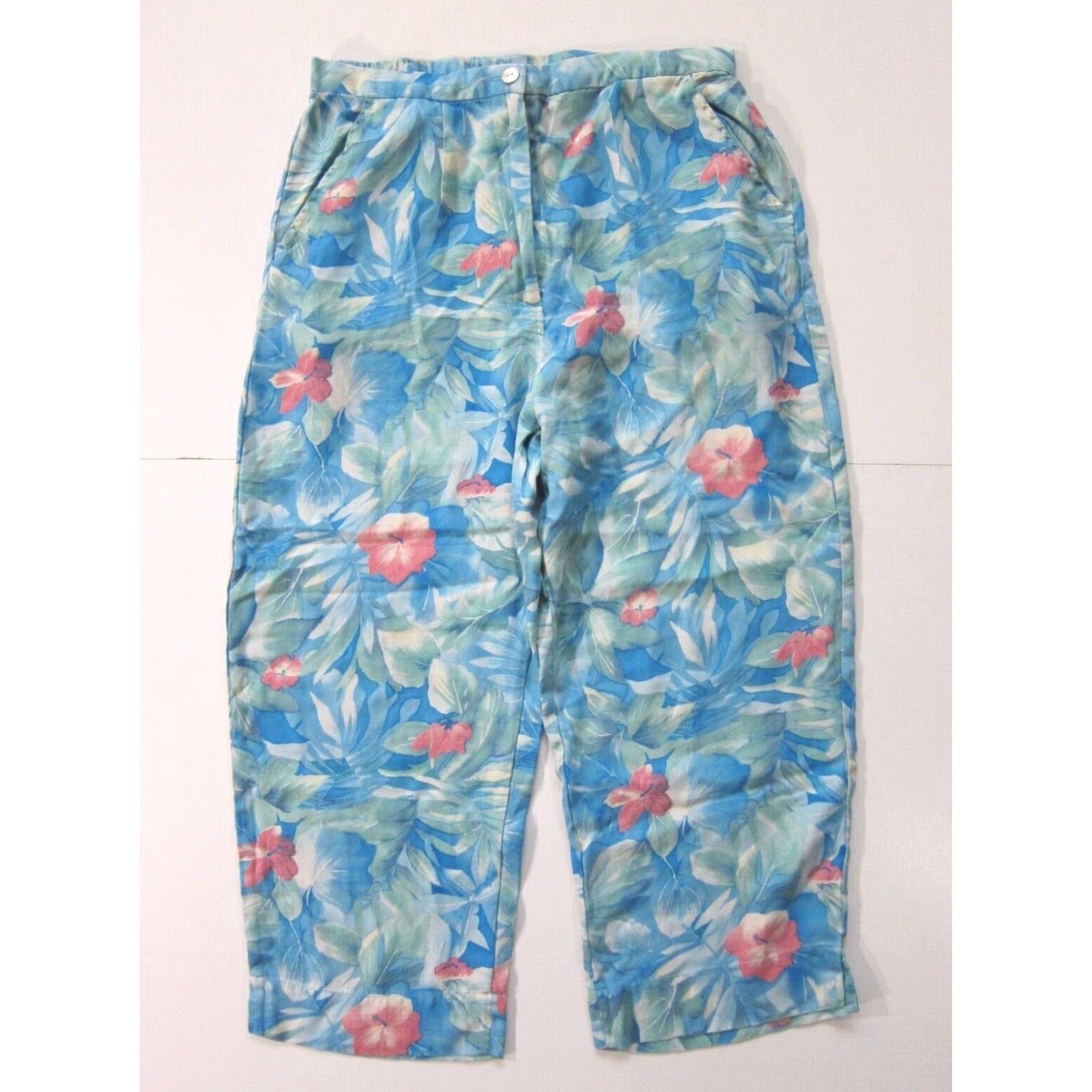Vintage Pineapple Moon 100% Silk Capri Pant Women Small Blue Floral Hawaiian Pink 80s 90s Wide-Leg Pockets Zip Button Dressy Casual Size 28" / US 6 / IT 42 - 2 Thumbnail