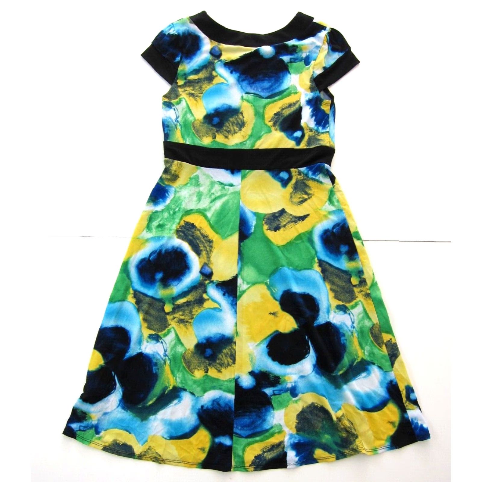Vintage AB Studio Yellow Floral Stretch Short Sleeve Sheath Dress Small Women Size 28" / US 6 / IT 42 - 2 Thumbnail