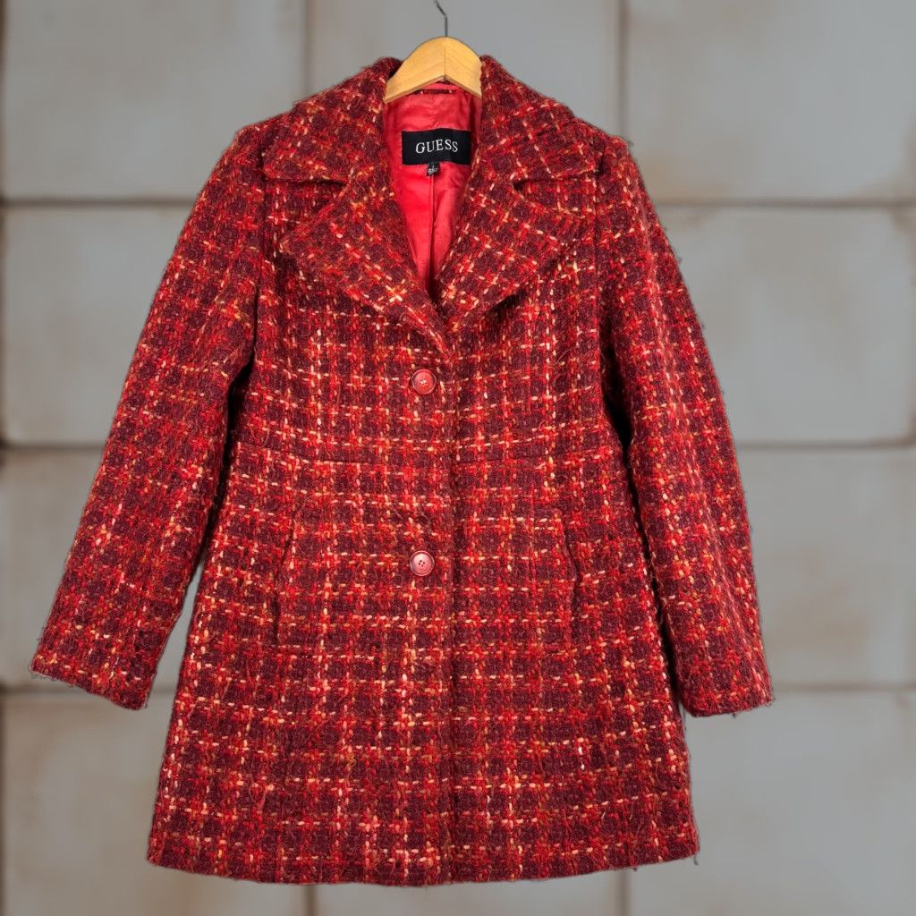 Guess VINTAGE Guess Wool Blend Plaid Overcoat Knit Mid-Length Red 90s Glam Women L Winter Fall Mens Womens Size L / US 10 / IT 46 - 1 Thumbnail