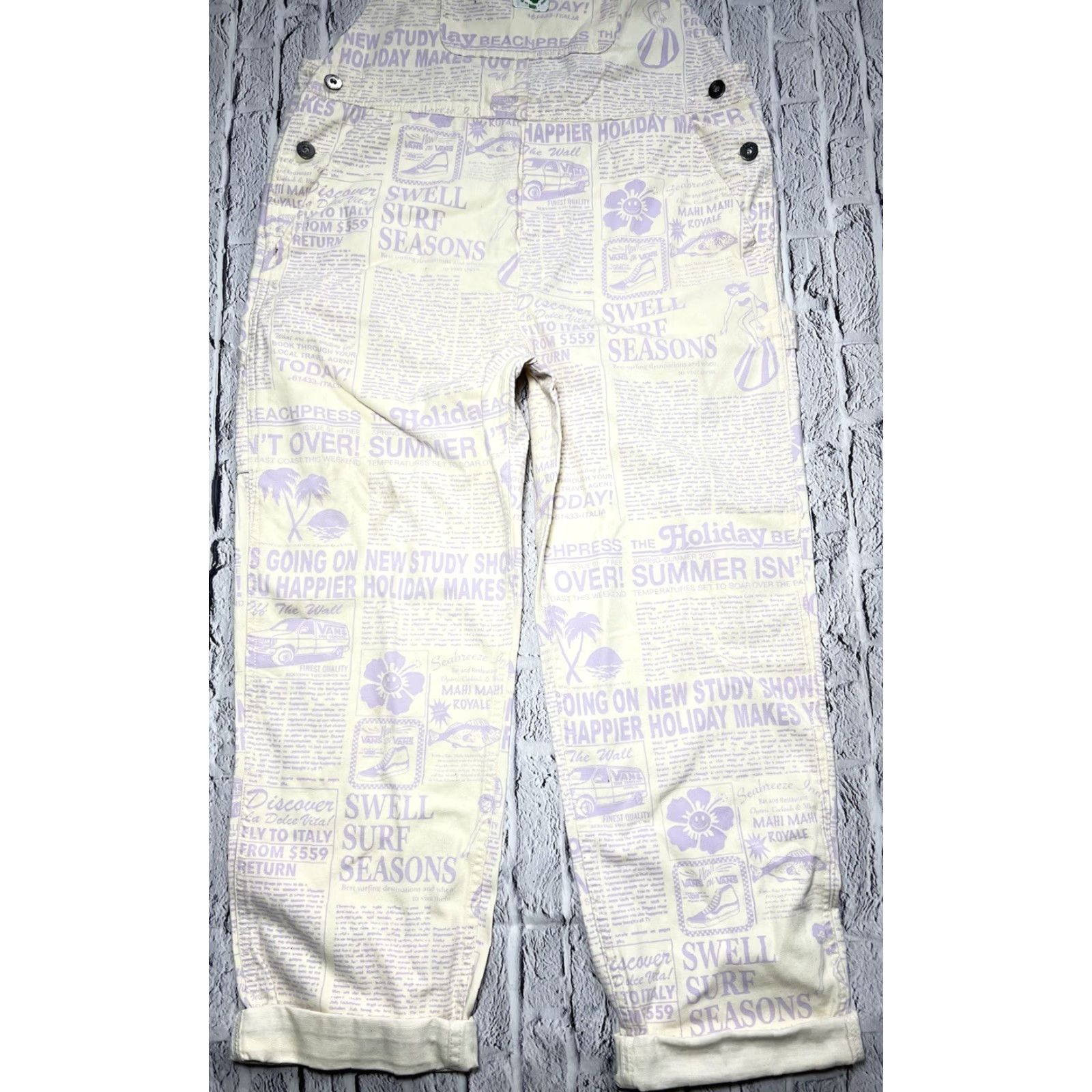Vans VANS Overalls Pants Women S Cream Jeans 28.5” Inseam Small Surfer Newspaper Purple Size 28" / US 6 / IT 42 - 3 Thumbnail