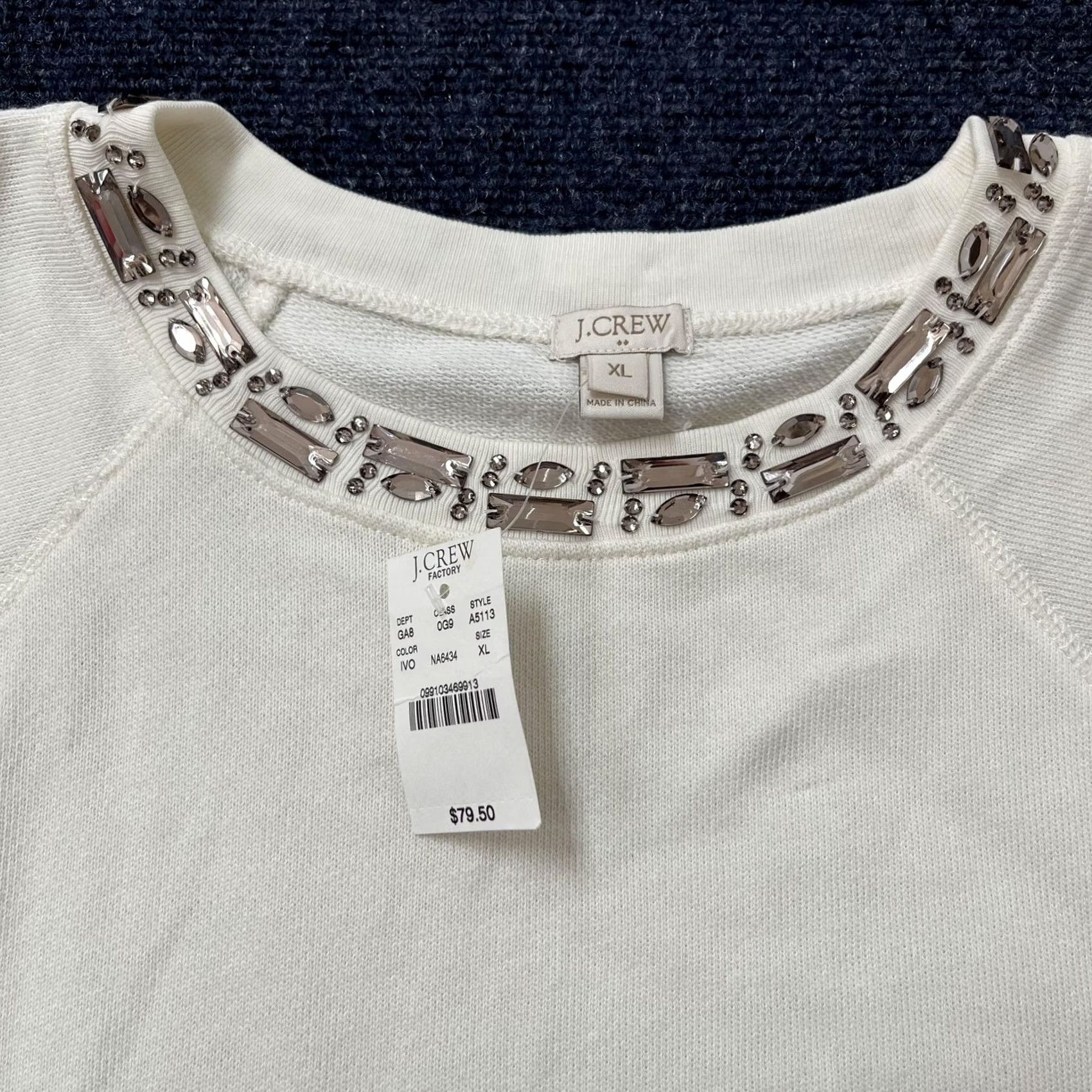 J.Crew J Crew Factory Sweater Womens XL White Jeweled Neck Cotton Short Sleeve Size XL / US 12-14 / IT 48-50 - 3 Thumbnail