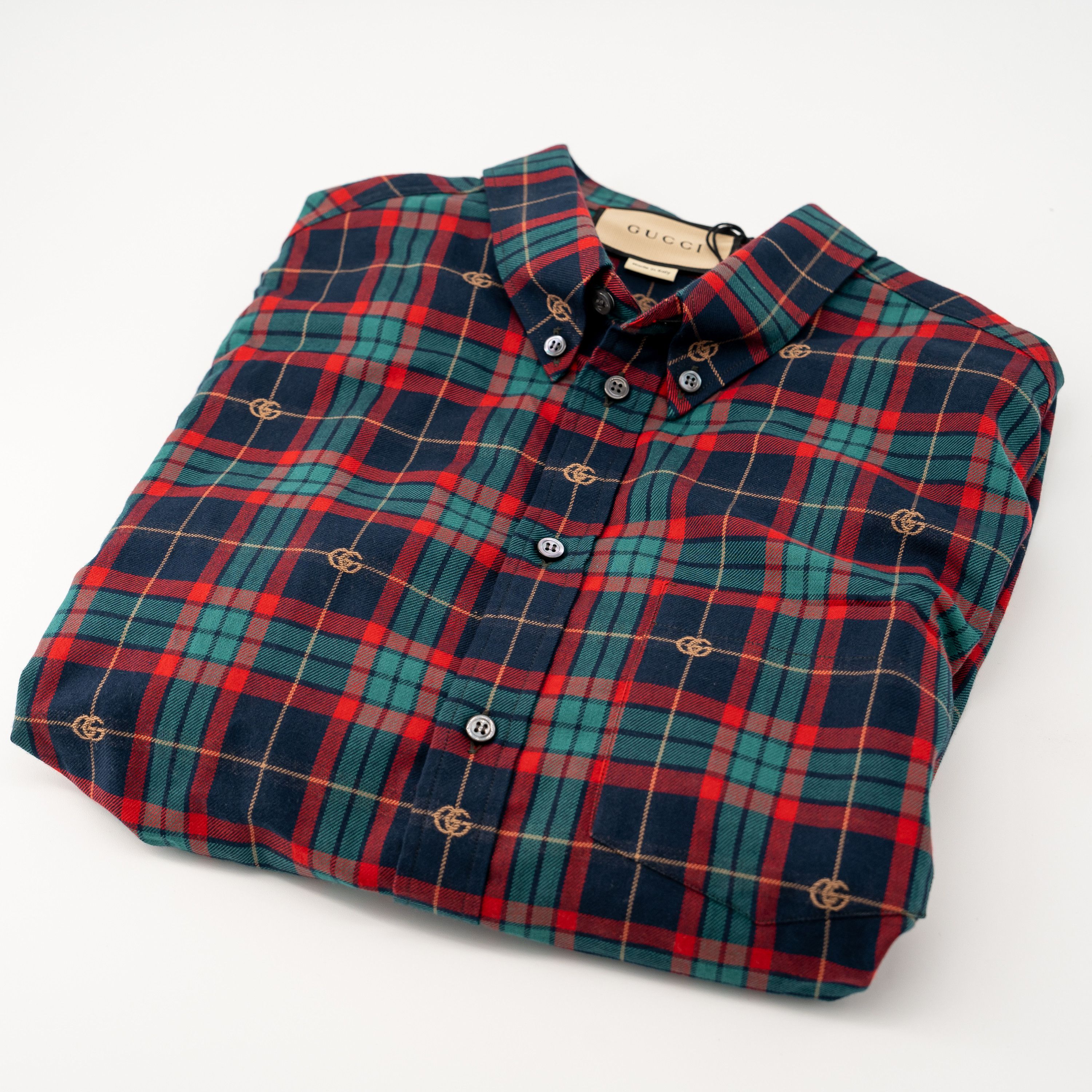 46 S Gucci Tartan GG Plaid Long Sleeve Shirt Green Blue