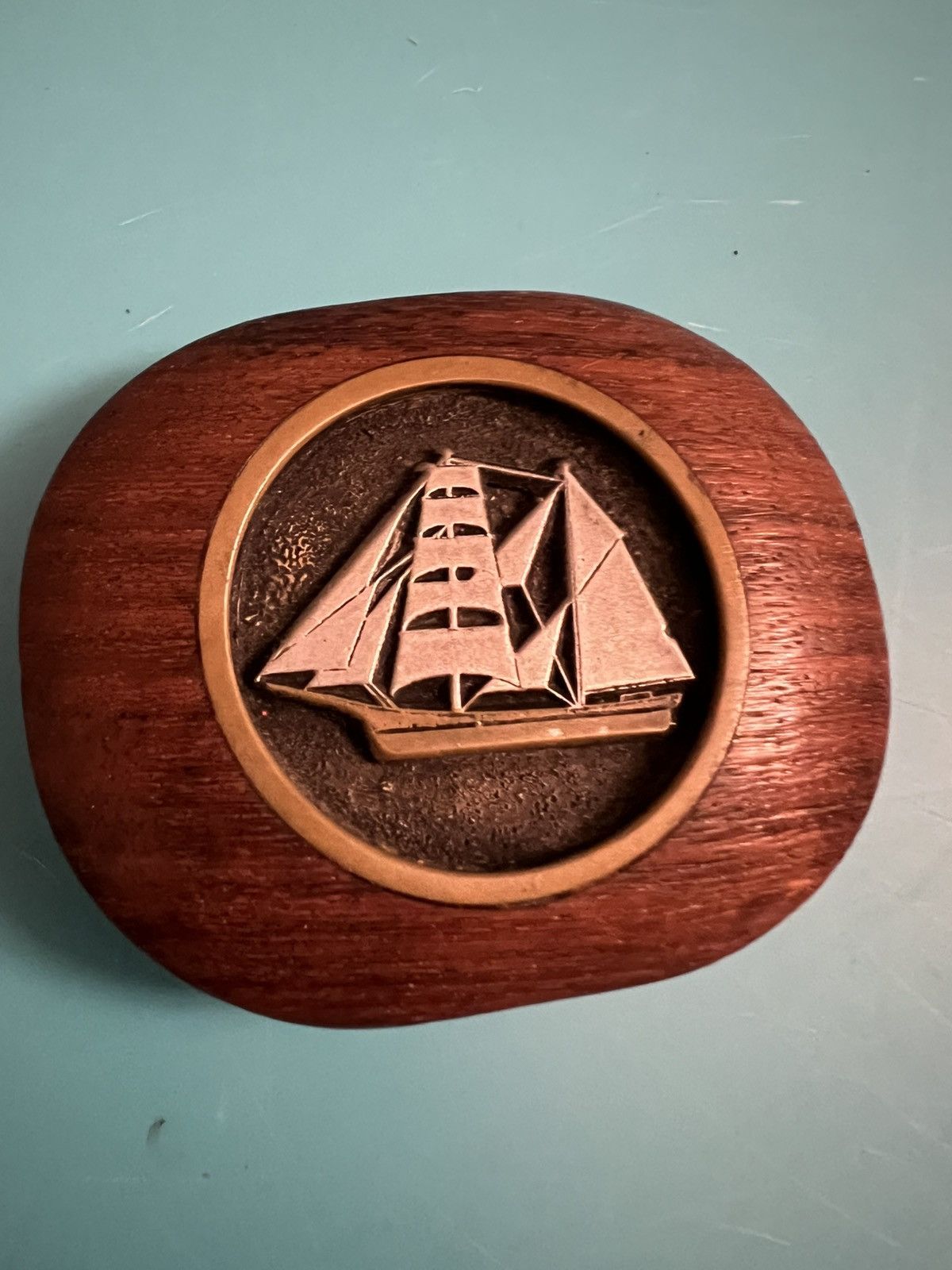 Vintage Belt buckle carved wood and pewter inlay of a sailboat Size ONE SIZE - 1 Thumbnail