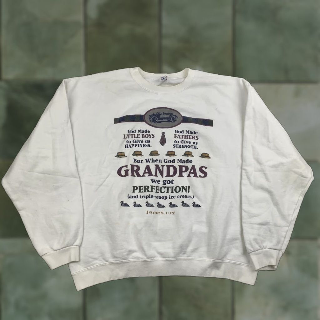 Delta VINTAGE Grandpa Sweatshirt Men XL White 90s Y2K God Jesus Christ Religion Pullover Crew Neck - Delta Shirt Mens Size US XL / EU 56 / 4 - 1 Thumbnail
