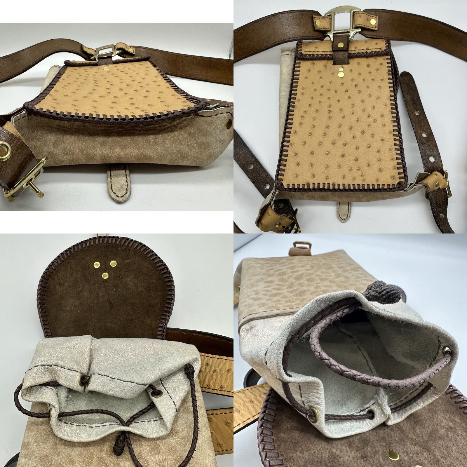 Skin Womens Backpack Orange Tan Ostrich Leather Small Drawstring Cowgirl Stitch Leather BackPack Womens Size ONE SIZE - 8 Thumbnail
