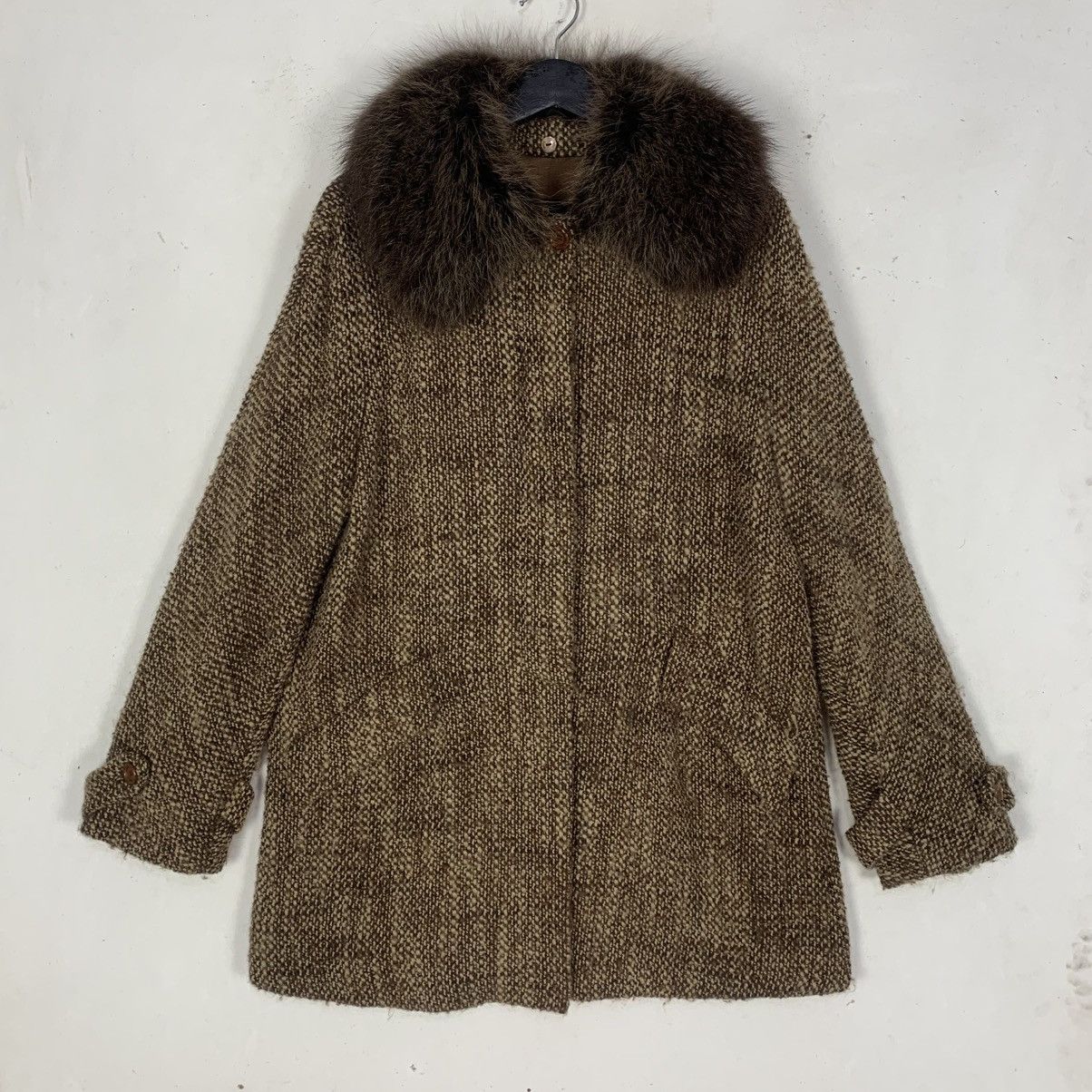 Fendi Italian Luxury vVintage Brown Tweed Wool Coat Fur