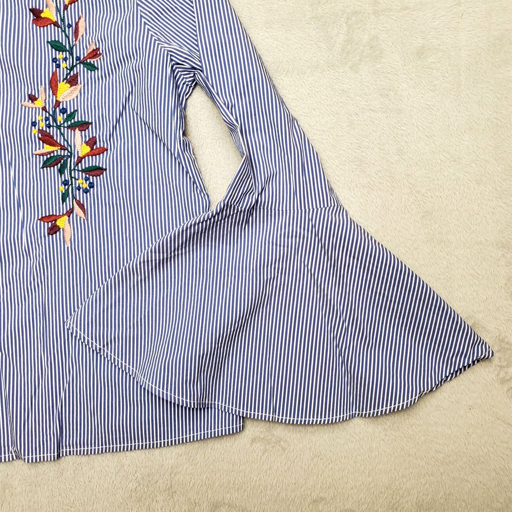 Vintage St Johns Bay Shirt Womens M Petite Blue Striped Floral Embroidered Bell Sleeve Shirt Womens PM Blue Striped Floral Embroidered Bell Sleeve Size M / US 6-8 / IT 42-44 - 2 Thumbnail