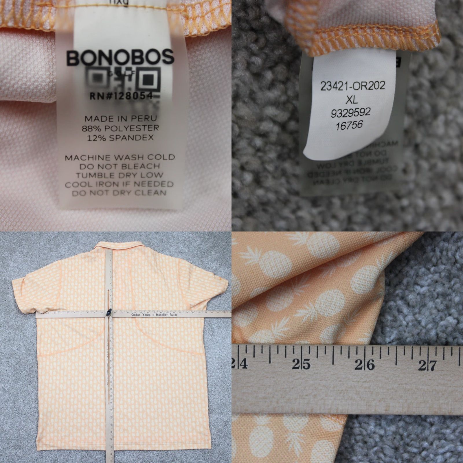Bonobos Bonobos Polo Shirt Mens XL Orange/White Geometric Regular Fit S/S Pullover Shirt Size US XL / EU 56 / 4 - 8 Thumbnail