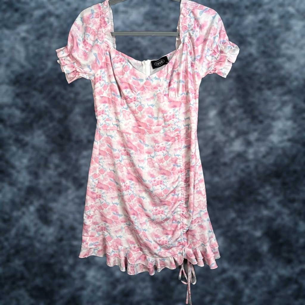 Cider Cider Women’s Pink Floral Short Dress With Puff Sleeves & Ruffle Hem - Mini Sundress, Polyester, Machine Washable, Size M, Casual Party/Cocktail Size 32" / US 10 / IT 46 - 1 Thumbnail
