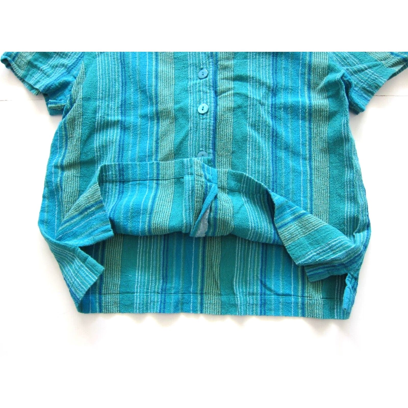 Vintage Serengeti Catalog.com 100% Cotton Green Blue Stripe Button Short Sleeve Blouse M Women's Shirt Blouse Green Stripe 90s Event 80s? Size M / US 6-8 / IT 42-44 - 5 Thumbnail