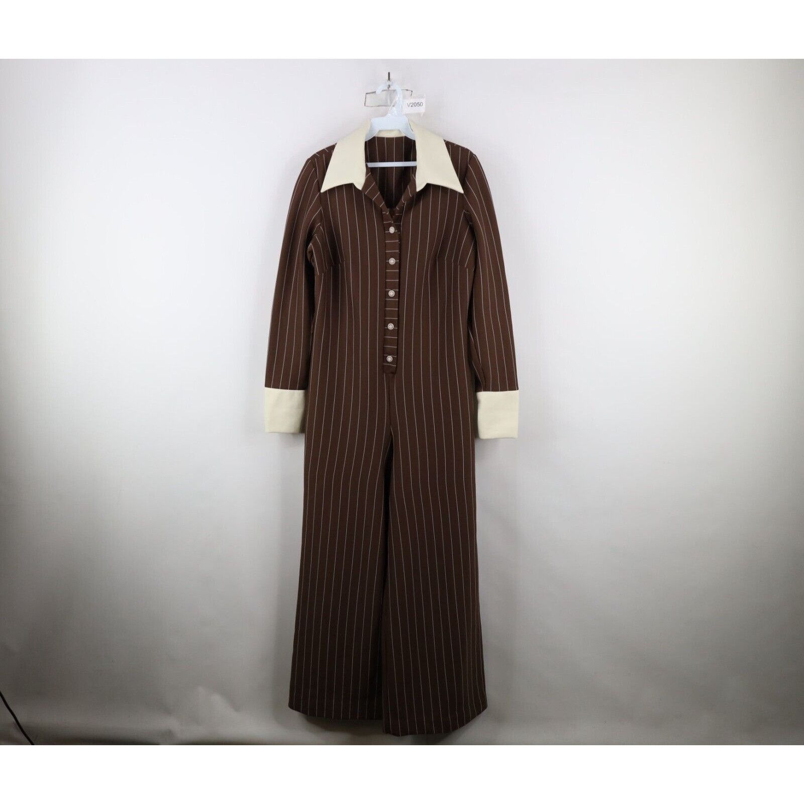 Vintage Vintage 70s Streetwear Pinstriped Bell Bottoms Romper Suit Size L / US 10 / IT 46 - 1 Thumbnail