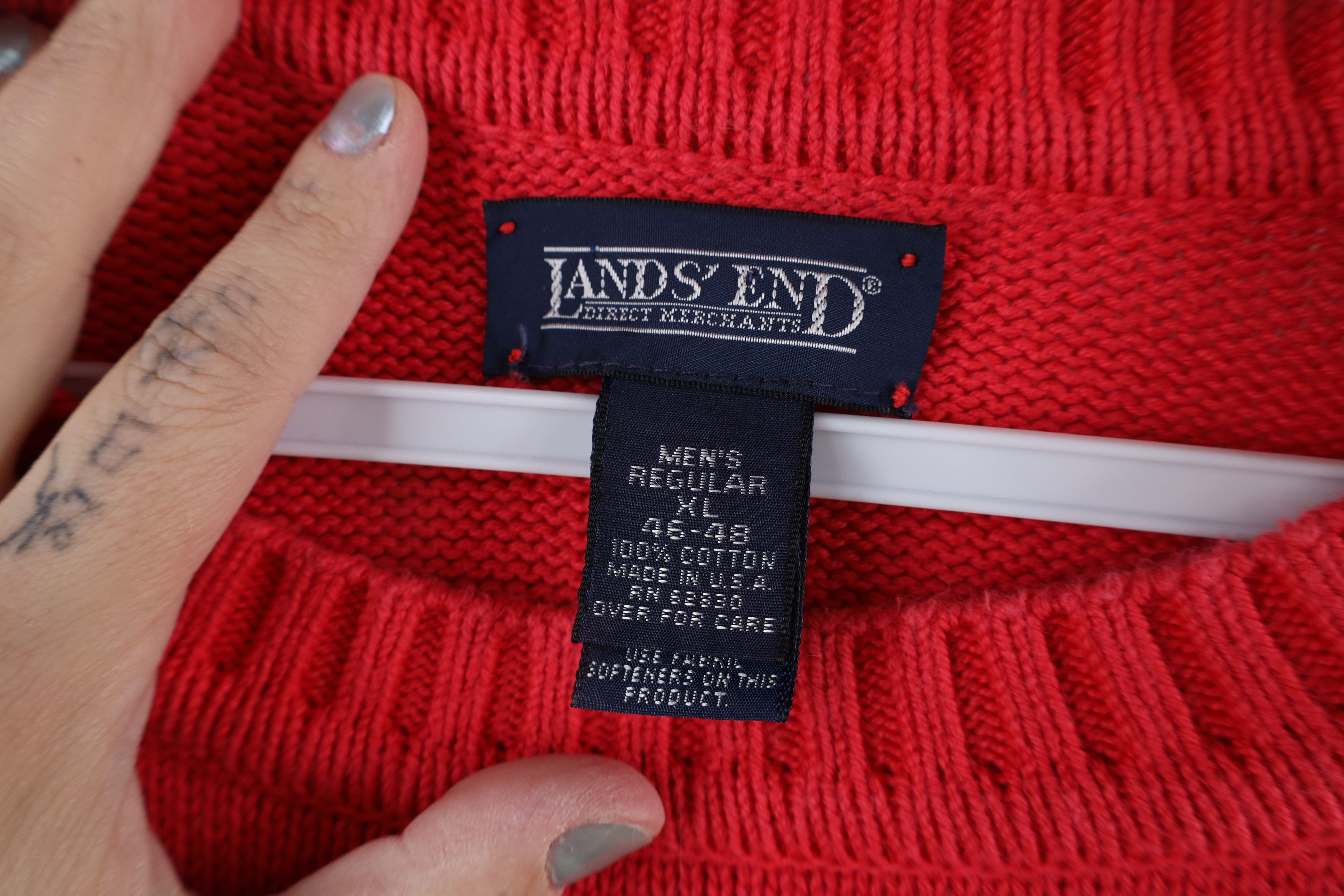 Lands' End × Vintage Vintage 90s Lands End Cotton Knit Crewneck Sweater Red USA Size US XL / EU 56 / 4 - 4 Thumbnail