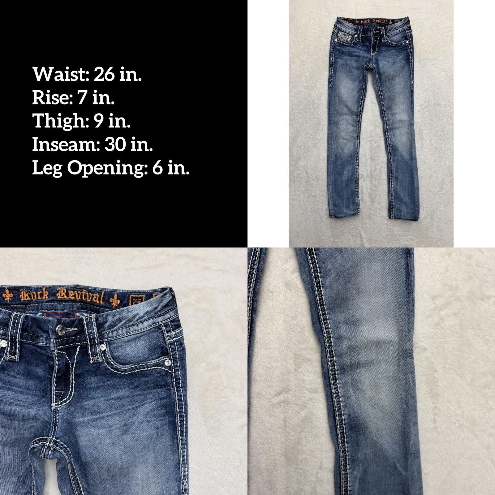 Vintage VINTAGE Rock Revival Nancy Jeans Womens 26x30 Blue Straight Distressed Embellished Denim Size 42" / US 20 - 8 Thumbnail