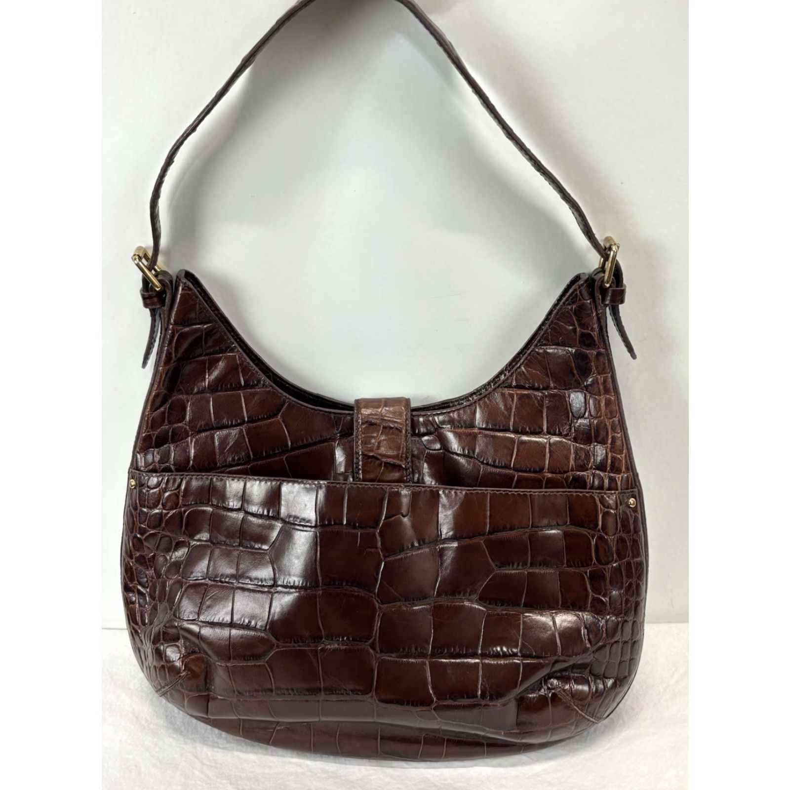 Ralph Lauren Lauren Ralph Lauren Croc Embossed Leather Hobo Purse Brown Shoulder Bag Women Medium Croc Brown Leather Gold Hardware 90s Designer Old Money Size ONE SIZE - 3 Thumbnail
