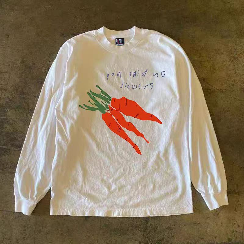 Vintage White retro carrot print long-sleeved cotton t-shirt Size US M / EU 48-50 / 2 - 1 Thumbnail