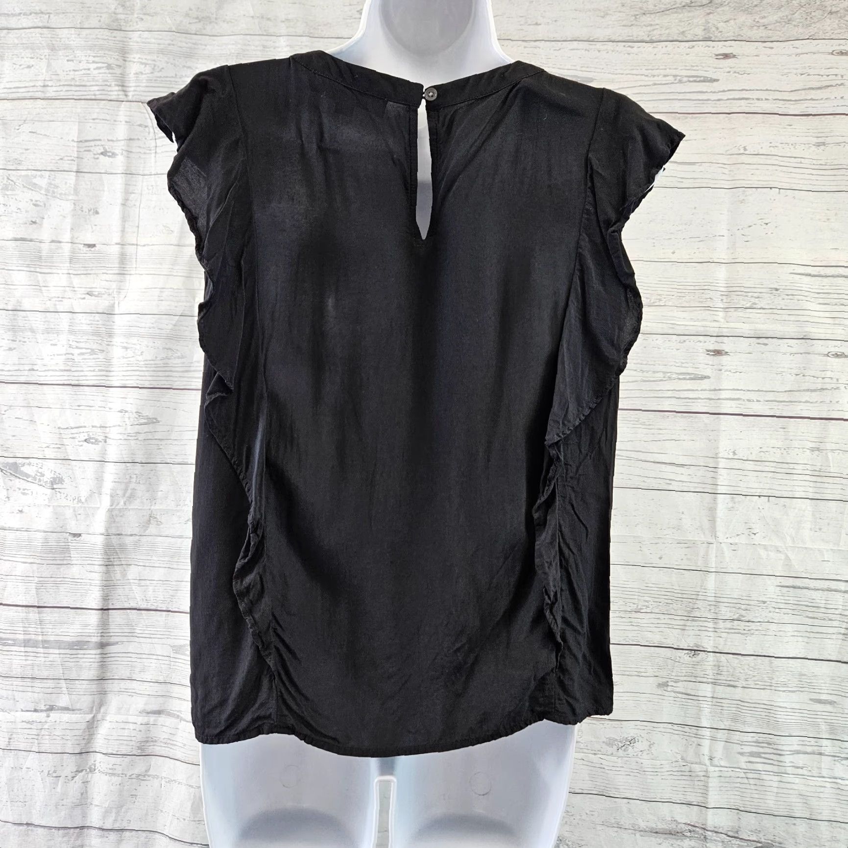 Ann Taylor Ann Taylor LOFT Womens Blouse Sz M Solid Black Round Neck Rayon Ruffle Size M / US 6-8 / IT 42-44 - 4 Thumbnail