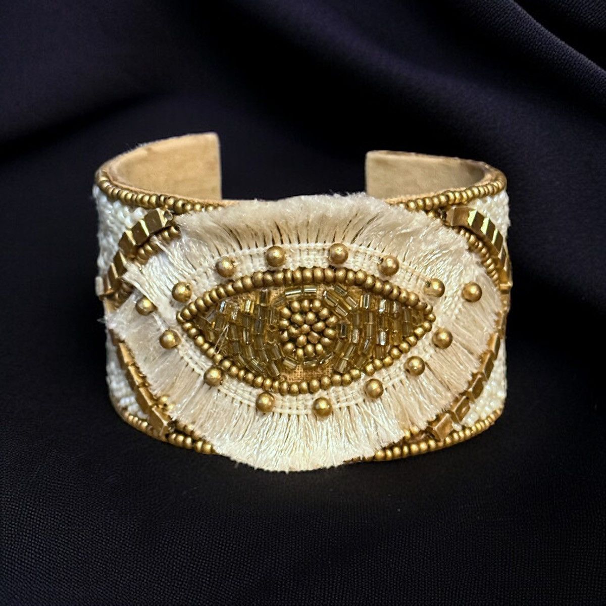 Other Handmade white and gold beaded rhinestone wide cuff bracelet Size ONE SIZE - 1 Thumbnail