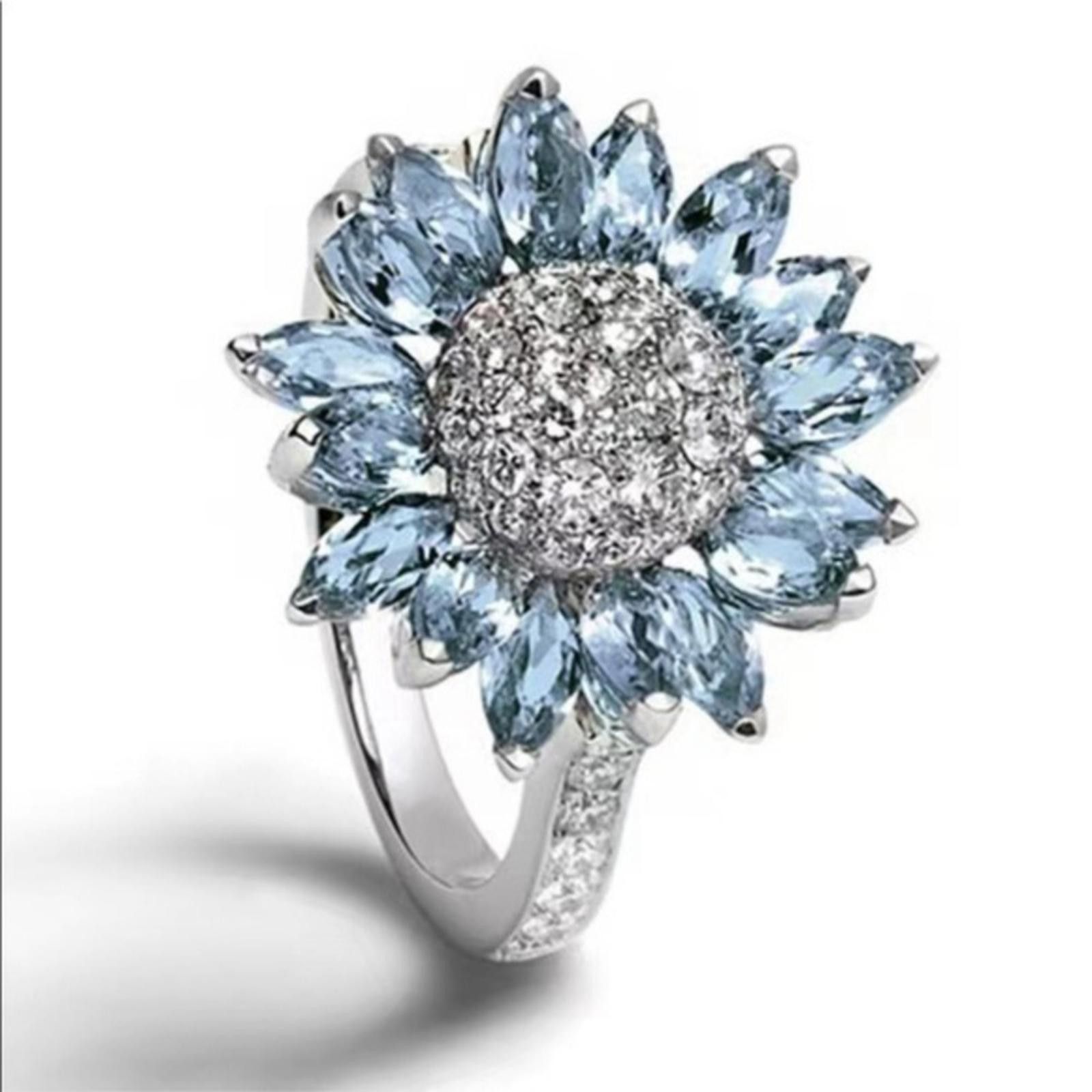 Designer Blue Zircon Crystal Sunflower Diamond Ring Size 5-10 NWT Size ONE SIZE - 2 Thumbnail