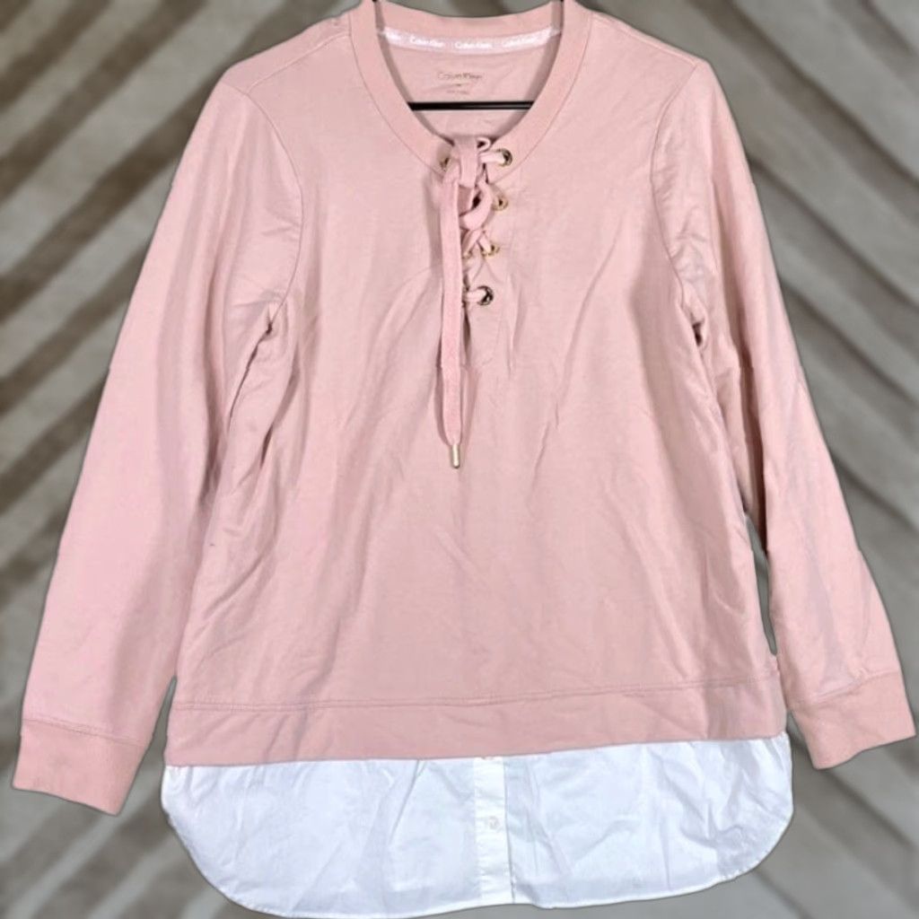 Calvin Klein Calvin Klein Womens Shirt Pink Gold Lace Up Front Long Sleeve Stretch Medium Blouse Women Casual Workwear 2020s Size M / US 6-8 / IT 42-44 - 1 Thumbnail