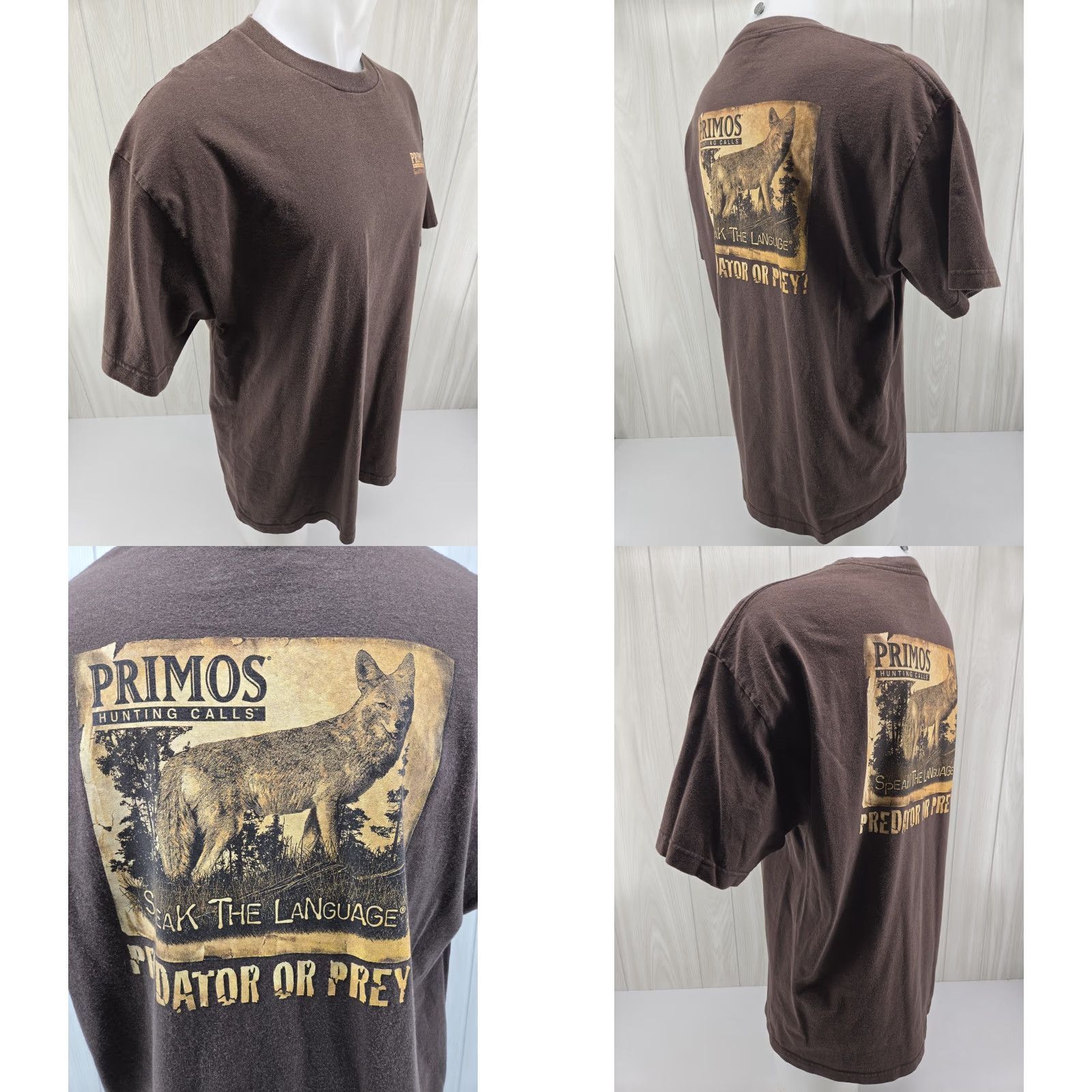 Vintage VINTAGE Primos Hunting Calls Brown T Shirt Predator XL Mens Short Sleeve Cotton Graphic Print Shirt XL Brown Predator 90s Size US XL / EU 56 / 4 - 8 Thumbnail