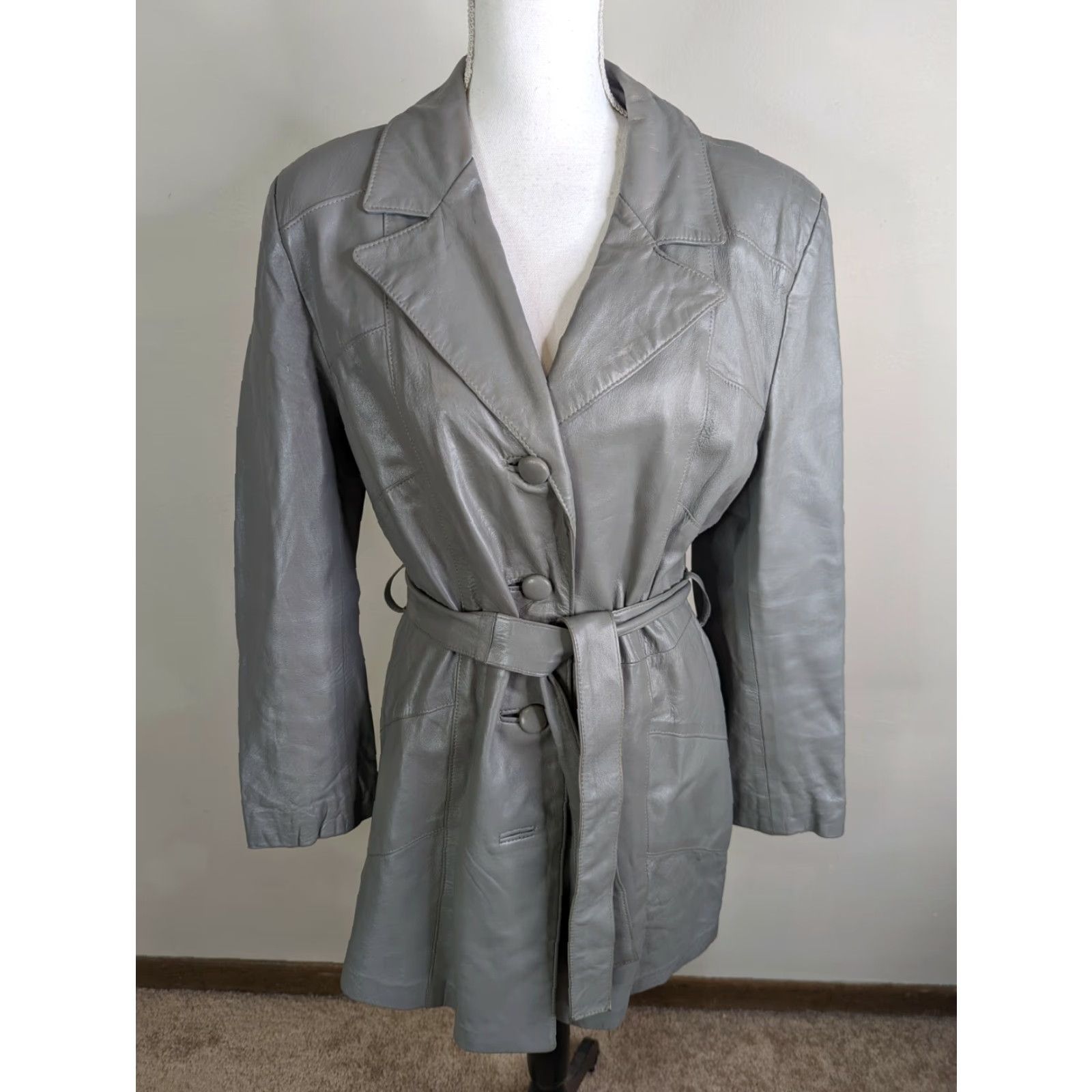 Vintage VINTAGE Dani Belted Leather Tie Waist Coat Jacket Gray L Women’s Coat Size L / US 10 / IT 46 - 3 Thumbnail
