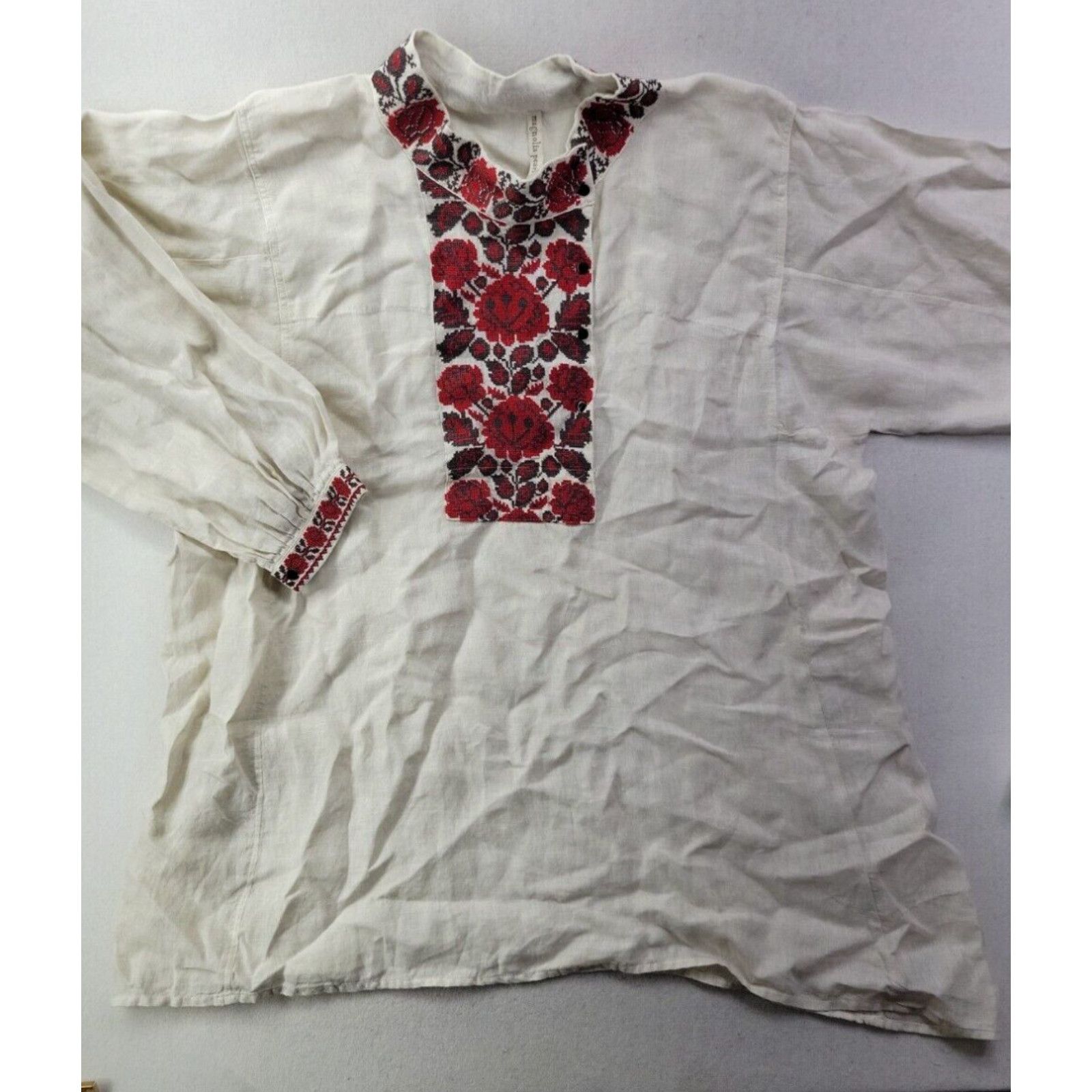 image of Magnolia Pearl Women Os Linen Tunic Red Floral Needlepoint Beige Long Sleeve in White
