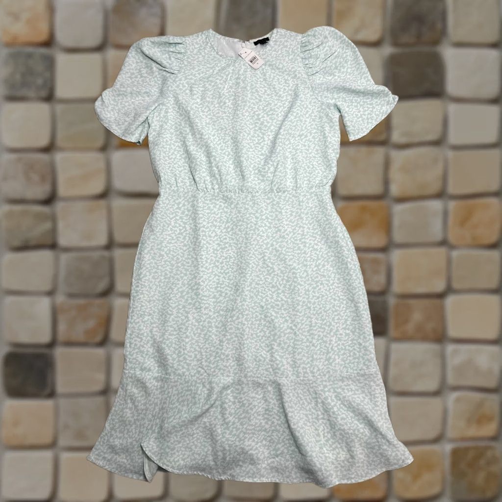 Ann Taylor Ann Taylor Dress Womens 8 Fit & Flare Green Dappled Puff Sleeve Back Zip Short Sleeve Casual Party/Cocktail Size M / US 6-8 / IT 42-44 - 1 Thumbnail