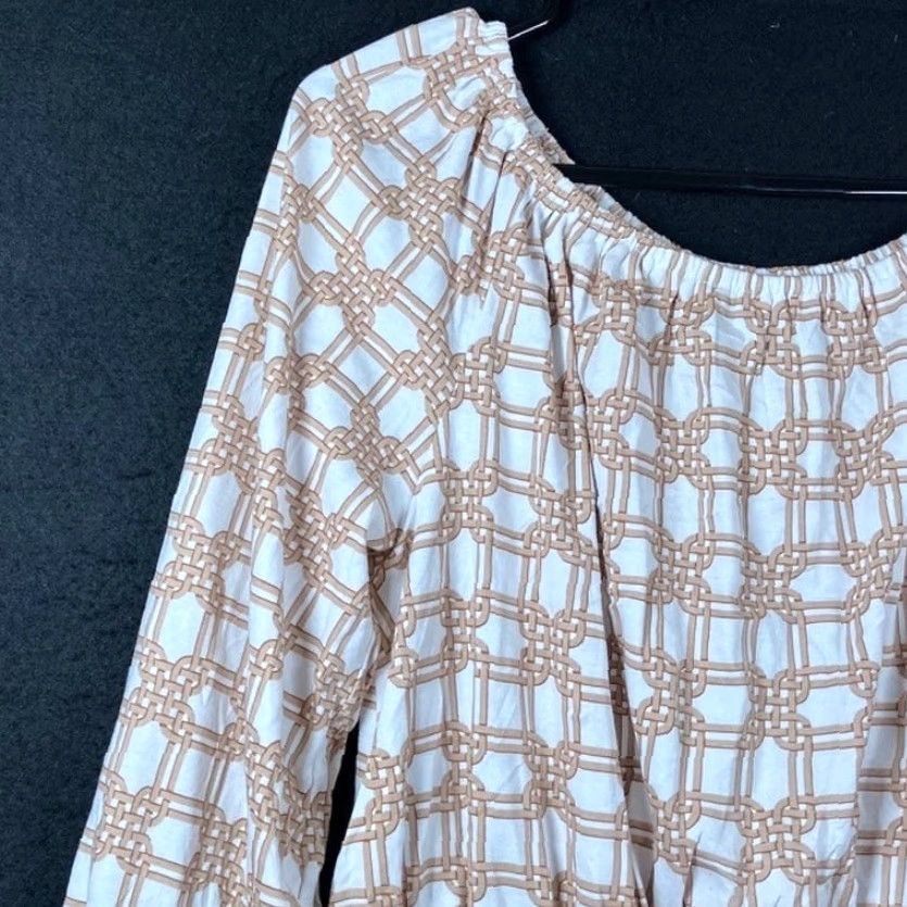 Ann Taylor Ann Taylor LOFT Blouse White Tan Rattan Print Smocked Peplum Long Sleeve M Womens Shirt Men/Womens? Size M / US 6-8 / IT 42-44 - 4 Thumbnail