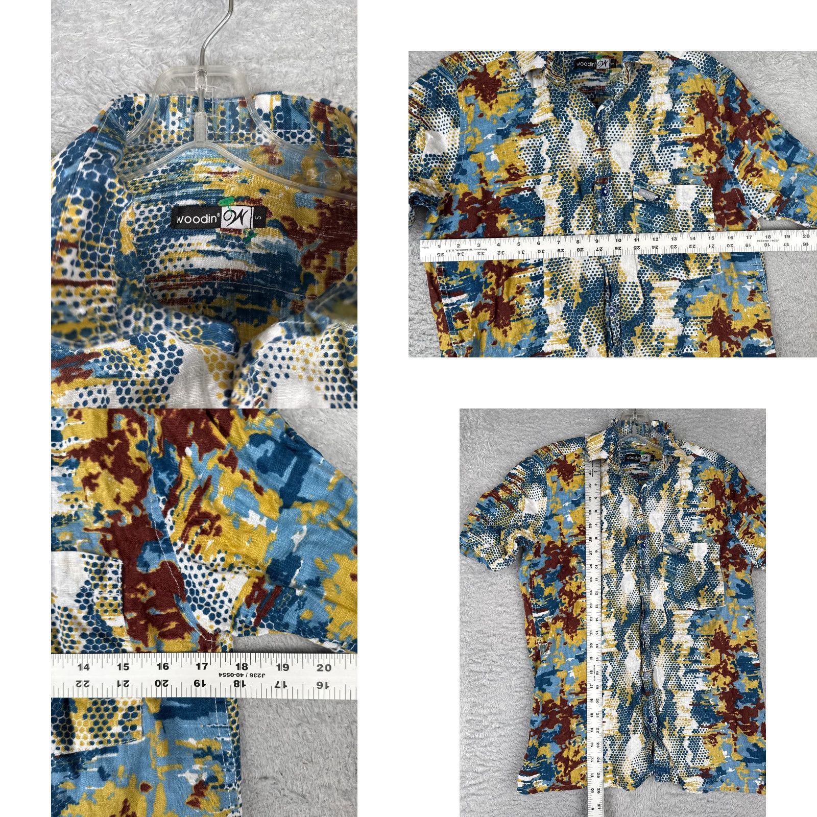 Vintage Woodin Hawaiian Shirt Men Small Blue Camo Polka Dot 100% Linen Beach Button Up Size US S / EU 44-46 / 1 - 8 Thumbnail