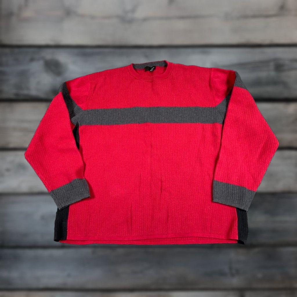 Vintage VINTAGE Y2K STYLE Sweater Men XL Red Gray Striped Knit Crew Neck Pullover Cotton Knit Casual 90s Mens FX? Size US XL / EU 56 / 4 - 1 Thumbnail