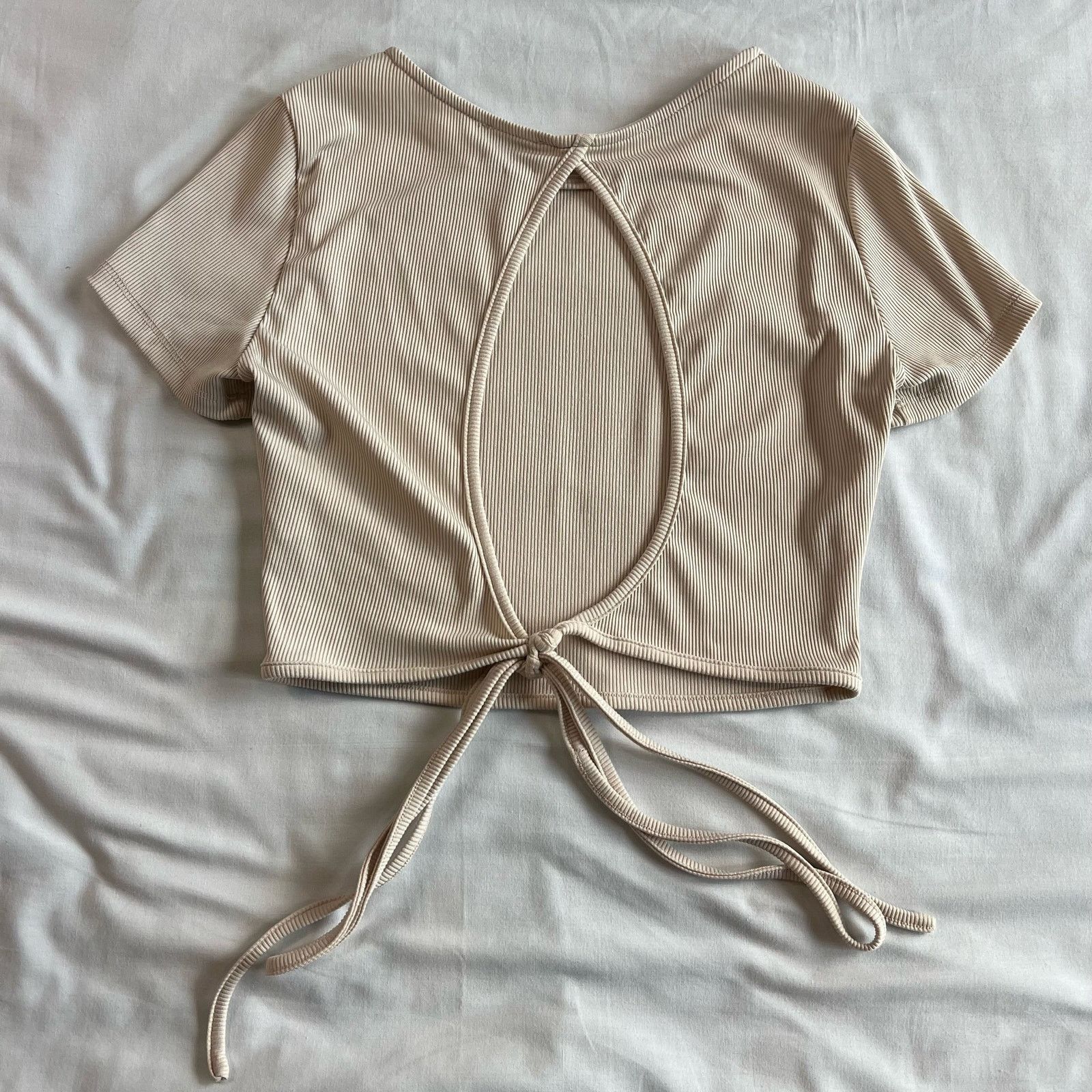 PRINCESS POLLY Princess Polly Women's 4 Beige Ribbed Crop Top Open Back Size S / US 4 / IT 40 - 3 Thumbnail