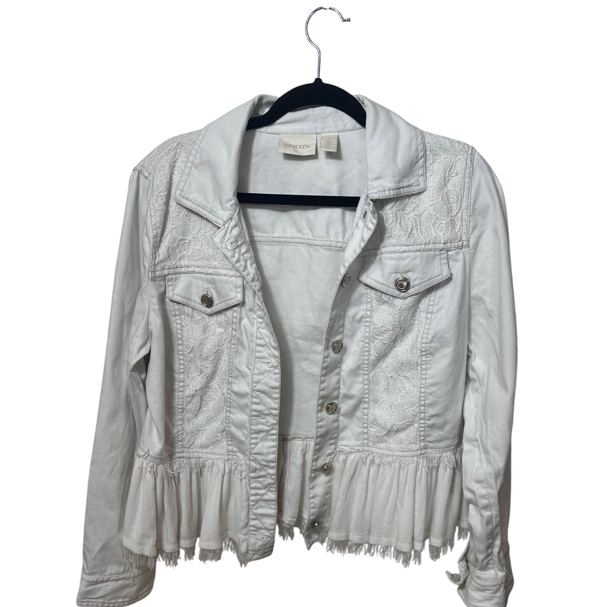 Chicos Chico’s White Lace Ruffled Button Up Jean Jacket Size 1 - Sm Size S / US 4 / IT 40 - 1 Thumbnail