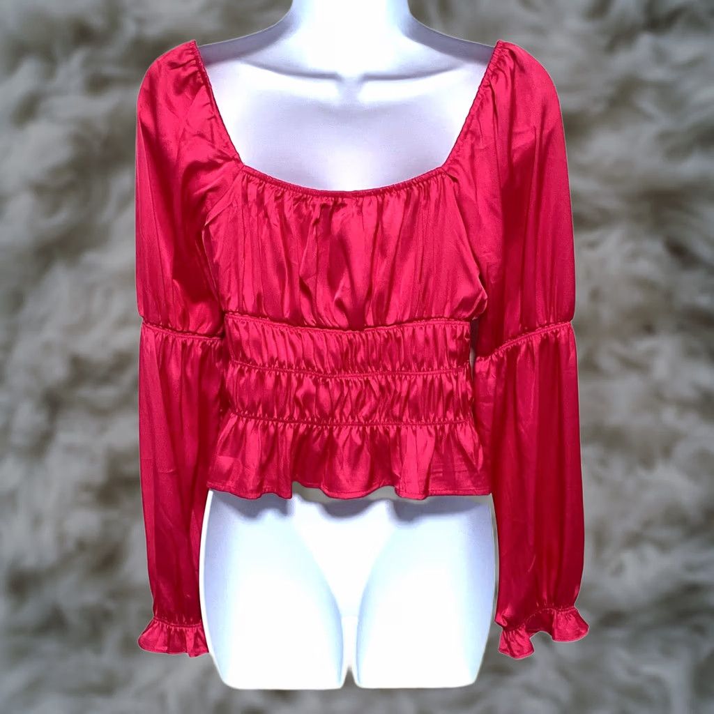 Forever 21 FOREVER 21 Blouse Shirt M Pink Peasant Ruched Long Sleeve Coquette Milkmaid Boho NWT Women Satin Regular Slim Fit Shirt Women Size M / US 6-8 / IT 42-44 - 1 Thumbnail