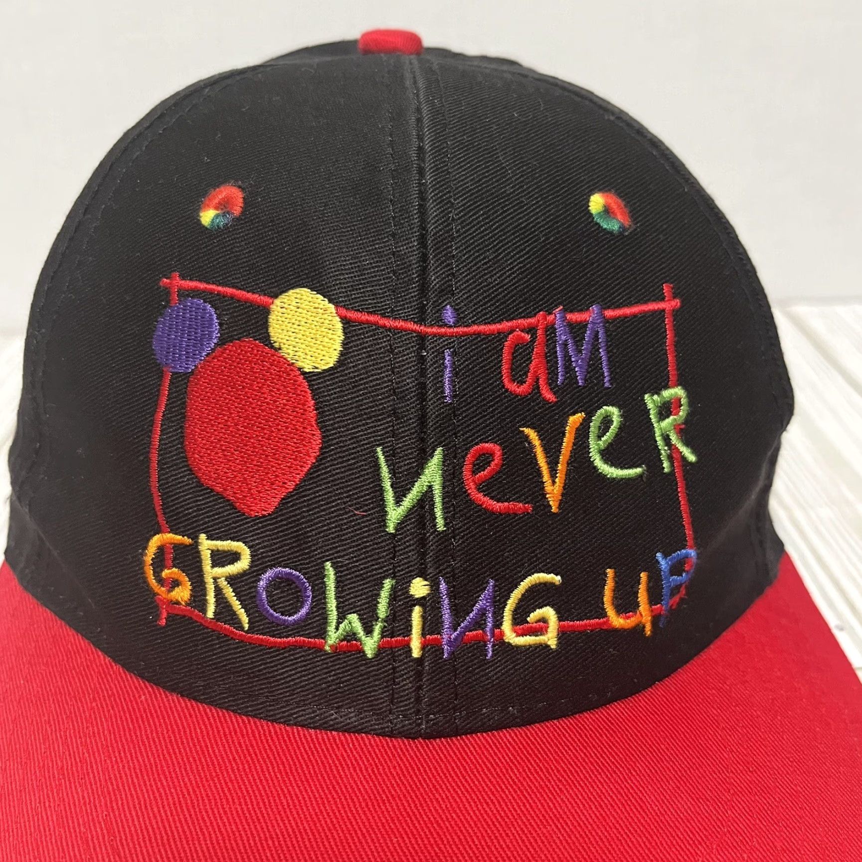 Disney VINTAGE Disney Hat Adult One Size Black I AM NEVER GROWING UP 90s Disney Snapback Mens Boys Size ONE SIZE - 2 Thumbnail