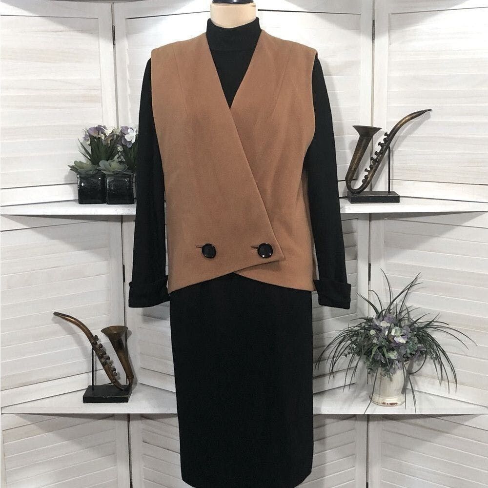 Vintage Vtge 80s wool cashmere black tan turtleneck midi dress S Size S / US 4 / IT 40 - 1 Thumbnail