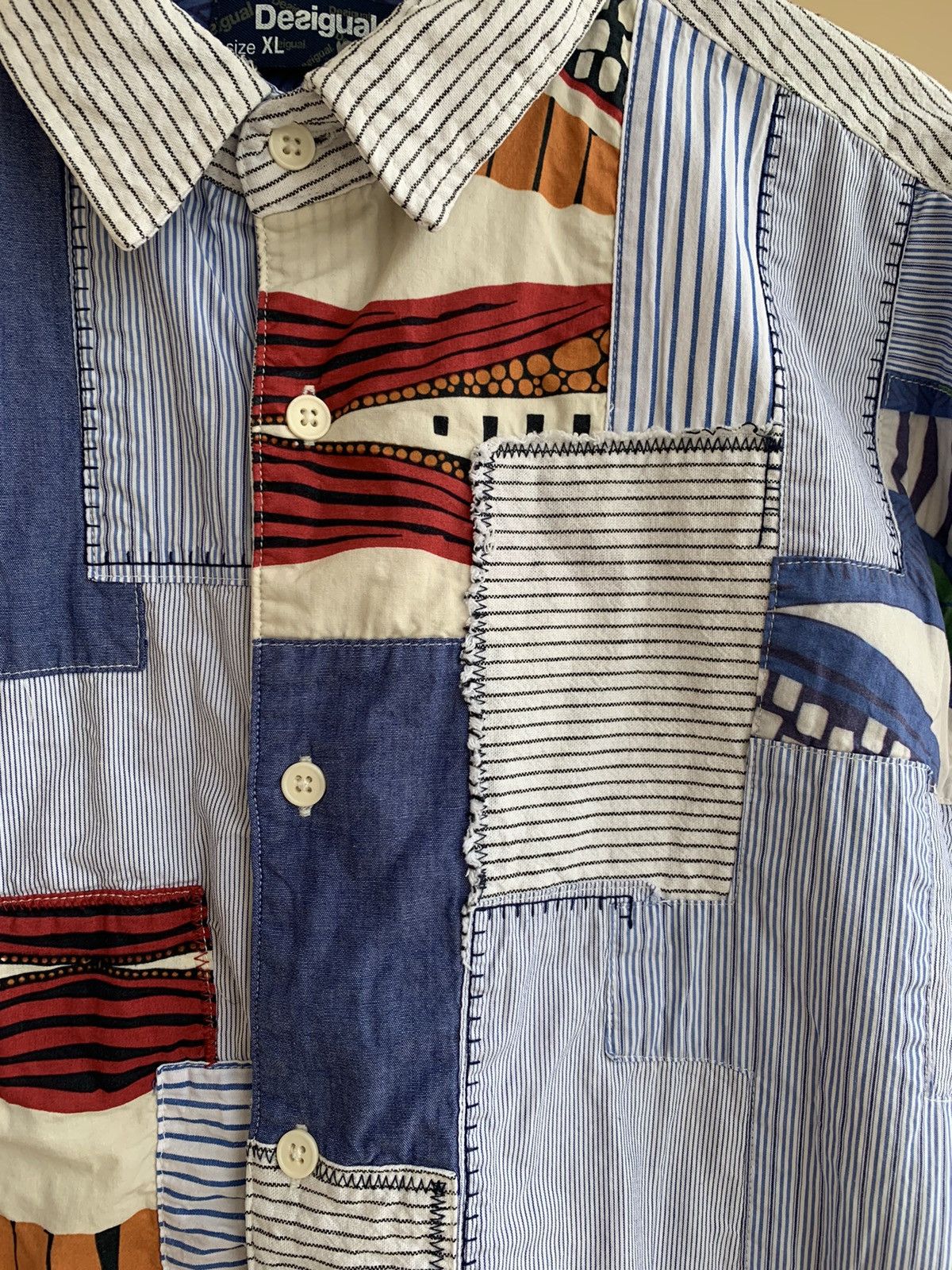 Desigual Salsa Slim Fit Patchwork Madras Striped Short Sleeve Shirt Size US XL / EU 56 / 4 - 7 Thumbnail