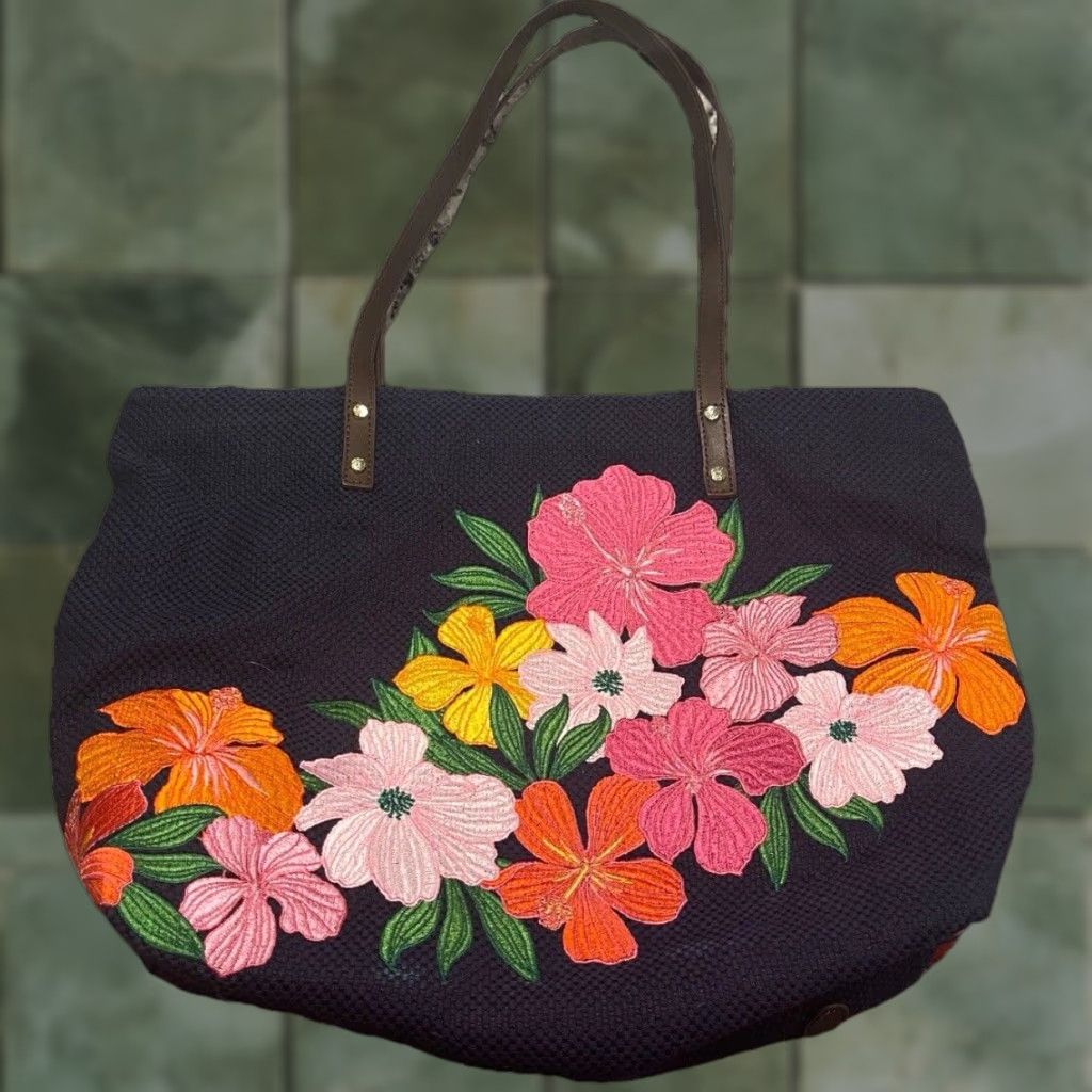 Vintage Tommy Bahama Floral Tote Bag Women Medium Jute Cotton Multicolor Summer Accessories
