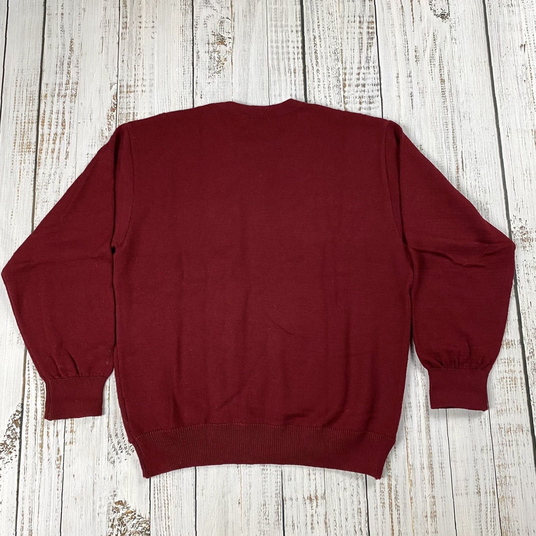Jim Thompson VINTAGE Norm Thompson Wool Blend Sweater Mens M Crew Neck Red Geometric Retro Cosby Patch Knit Pullover All Seasons 20th Century Style Mens Size US M / EU 48-50 / 2 - 6 Thumbnail