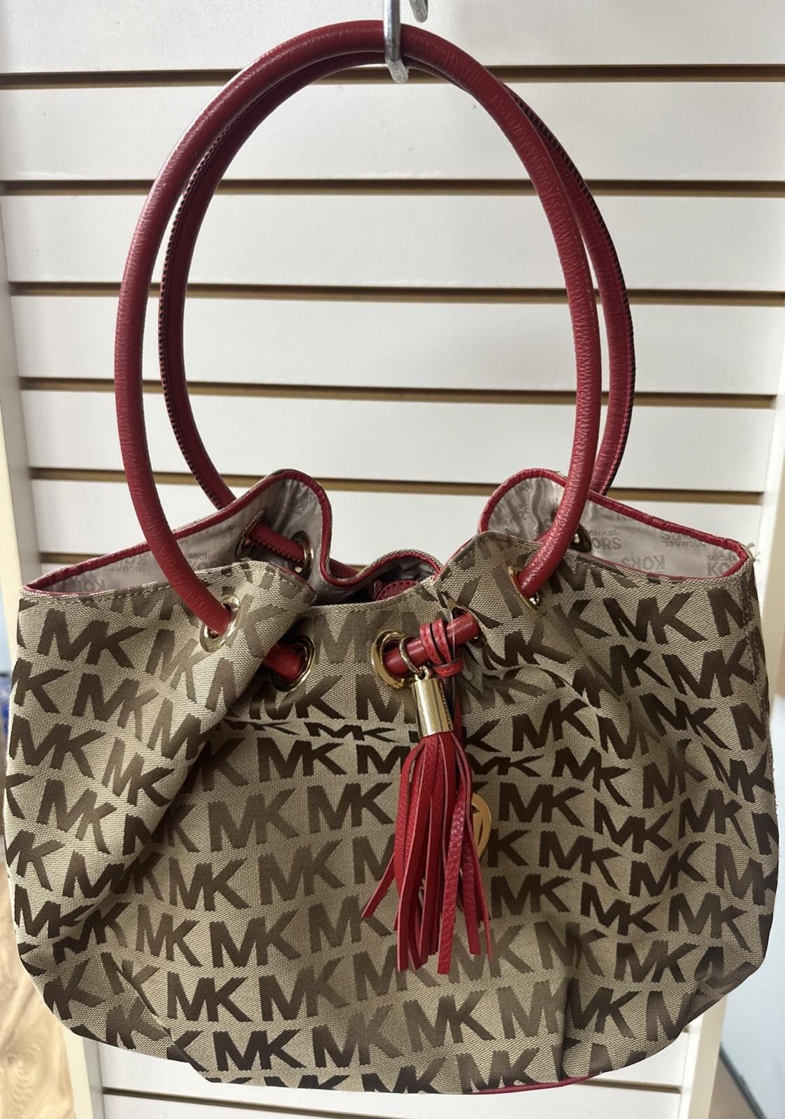 Michael Kors Michael Kors Canvas Logo Red Double Leather Handle Purse Size ONE SIZE - 1 Thumbnail