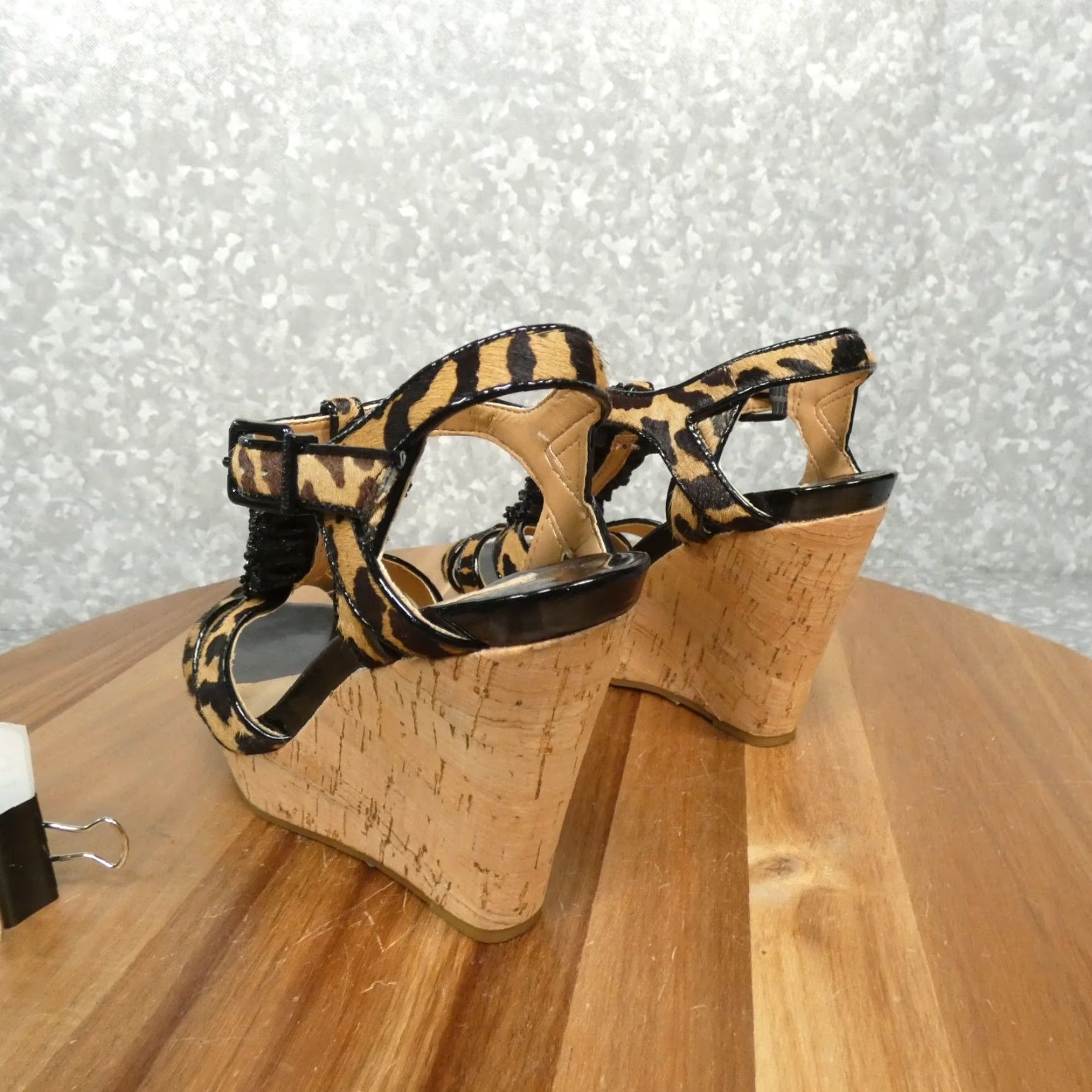 Vintage Gianni Bini Platform Wedge Sandals Womens 6M Leopard Print Leather Beaded Strap Size US 6 / IT 36 - 5 Thumbnail