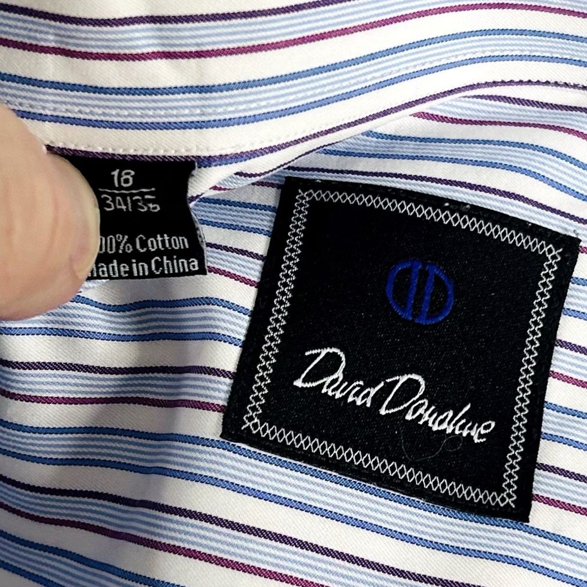 David Donahue David Donahue Dress Shirt 18 34/35 Regular Fit Red White Blue Striped Cotton Size 48R - 3 Thumbnail