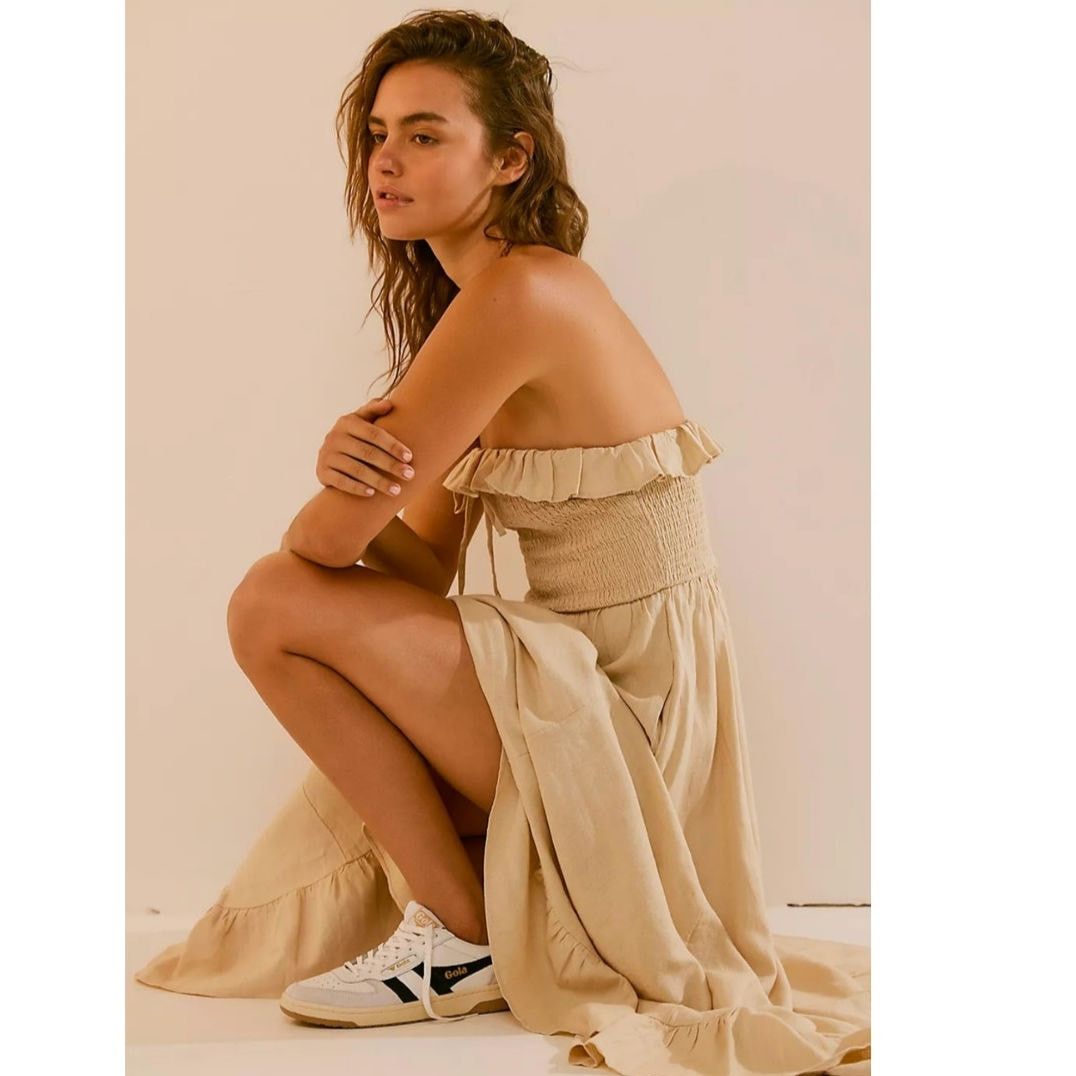 Free People New Lush Life Linen Strapless Midi Dress $98 LARGE Sand Size L / US 10 / IT 46 - 4 Thumbnail