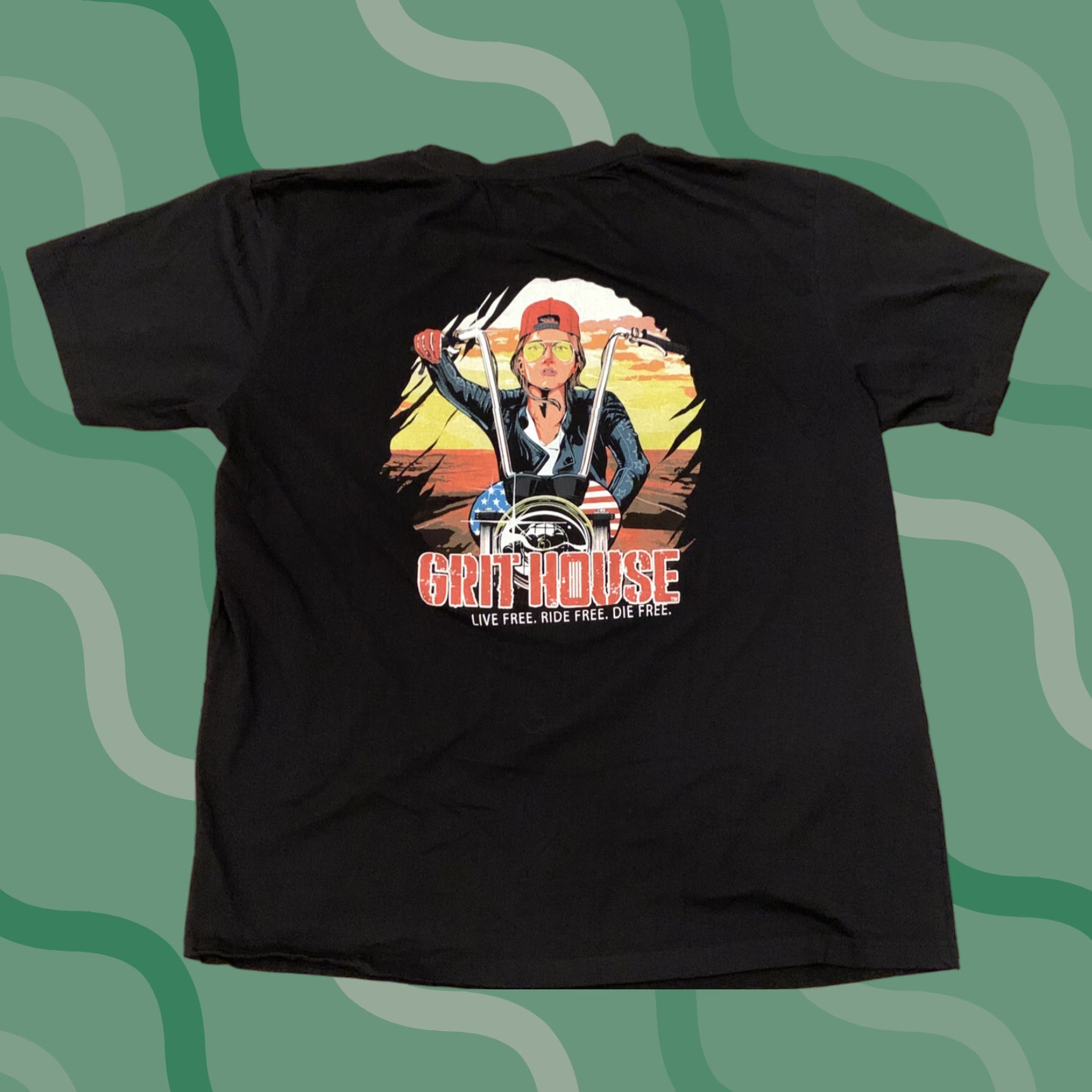 Olive VINTAGE The Grit House T Shirt Patriotic Woman on Motorcycle Live Free Ride Free Black XL Mens Size US XL / EU 56 / 4 - 1 Thumbnail