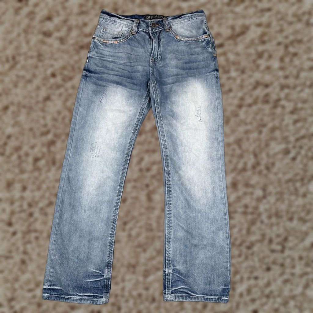 Denime CJ Black Jeans Mens 30x30 Light Blue Wash Bootcut Denim 5-Pocket Contrast Stitch Embroidered Back Pockets Stretch Size US 30 / EU 46 - 1 Thumbnail