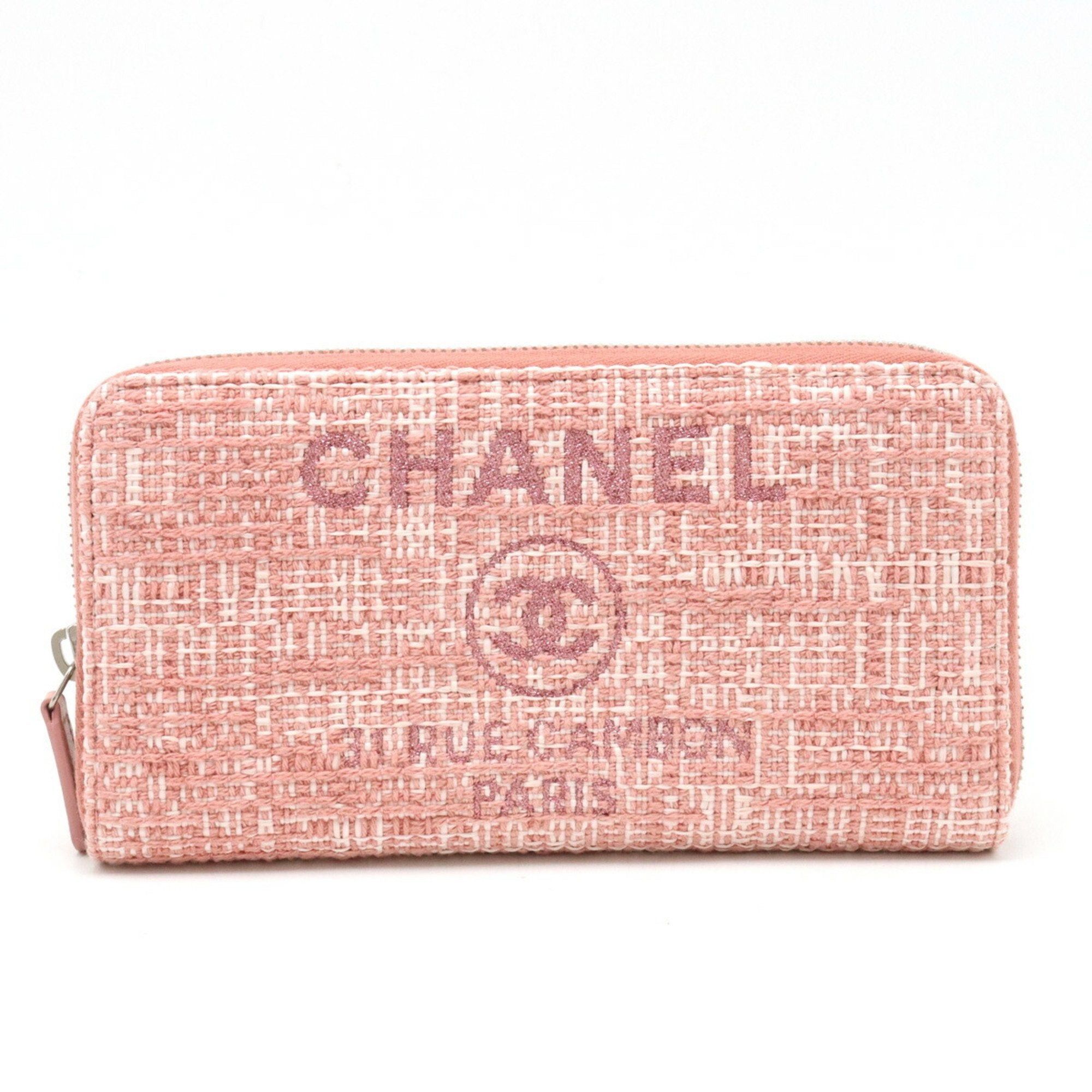 image of Chanel Deauville Line Round Long Wallet Tweed Canvas Leather Lame Pink A80056, Women's