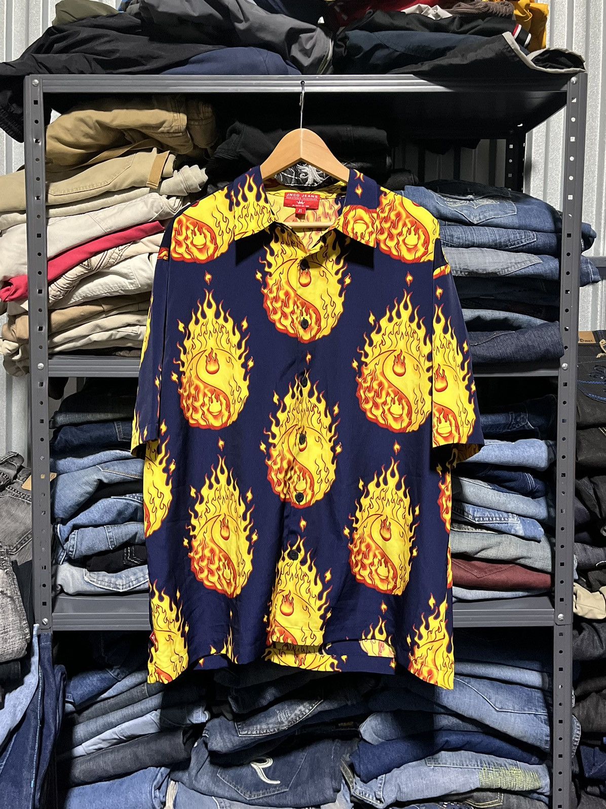 Affliction × JNCO × Vintage CRAZY VINTAGE Y2K JNCO FLAMES BUTTON DOWN TEE SHIRT SKATER Size US XL / EU 56 / 4 - 1 Thumbnail