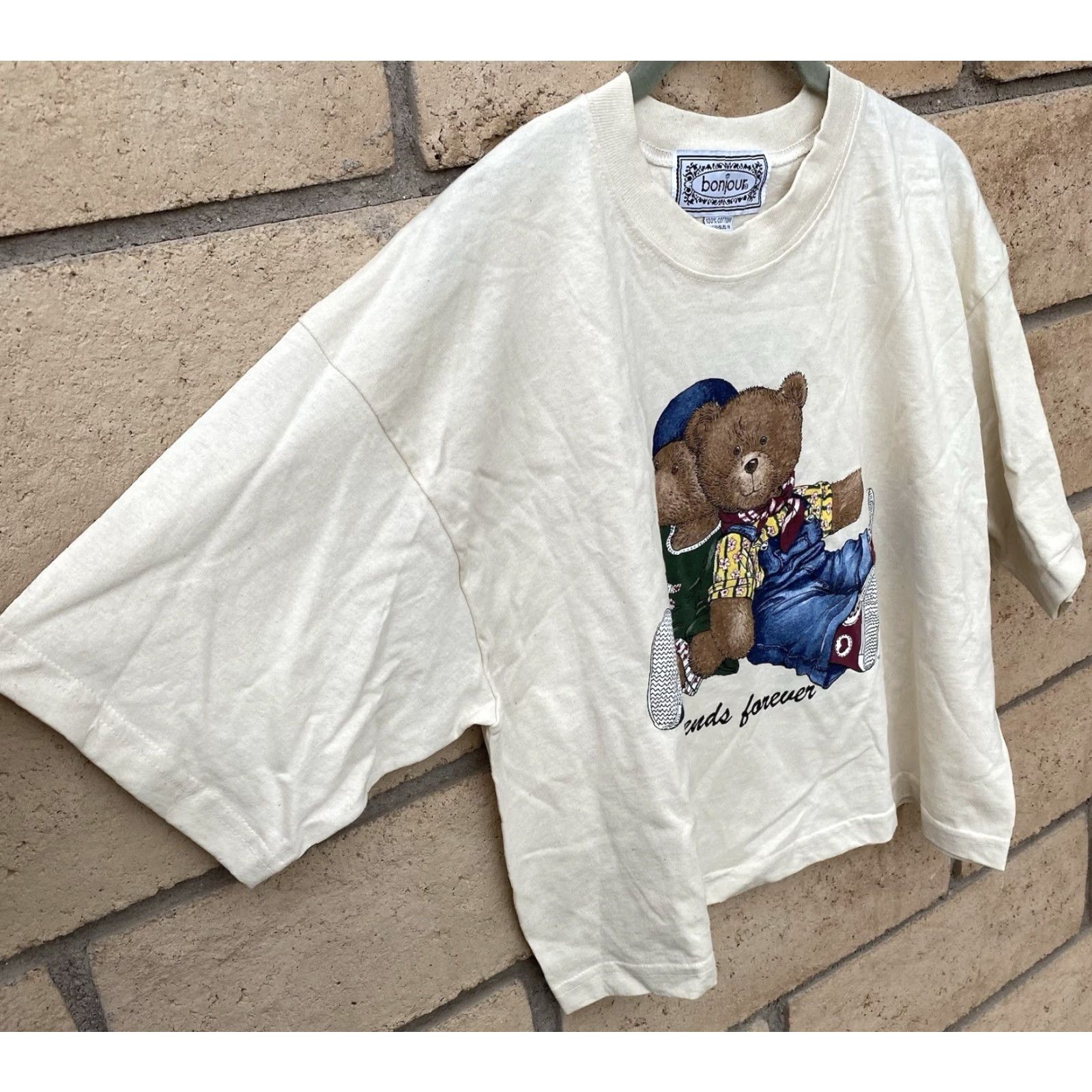 Vintage VINTAGE Bonjour Teddy Bear Friends Forever One Size Crop Top T Shirt Half Shirt Shirt One Size Ivory Graphic 1990s Mens Womens Girls Boys Size ONE SIZE - 4 Thumbnail