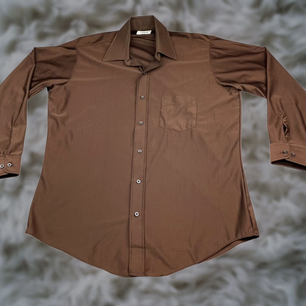 Vintage VINTAGE Qiana Dress Shirt Men’s Brown 100% Nylon Tailored Knit USA 16 Size 42R - 1 Thumbnail