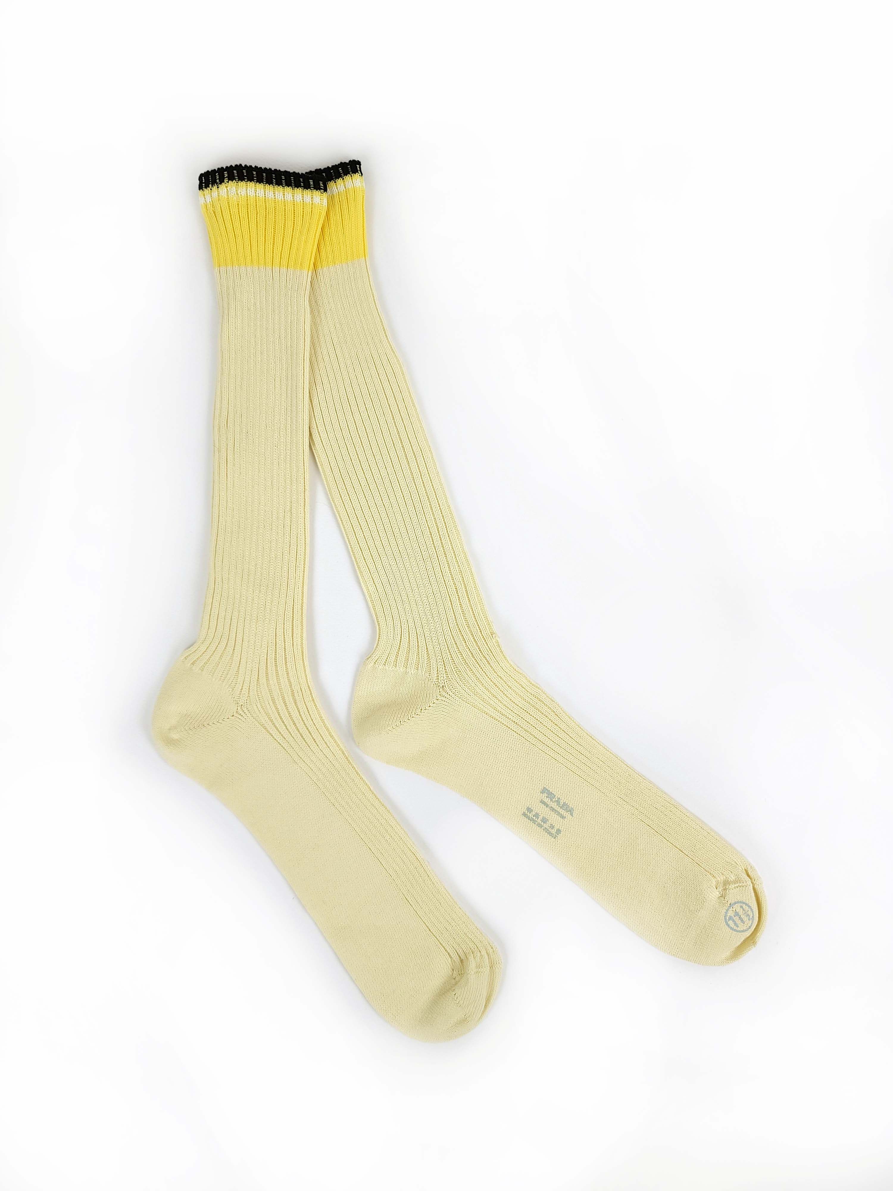 Prada Cream Yellow Striped Top Ribbed Knit Cotton Socks Size ONE SIZE - 1 Thumbnail